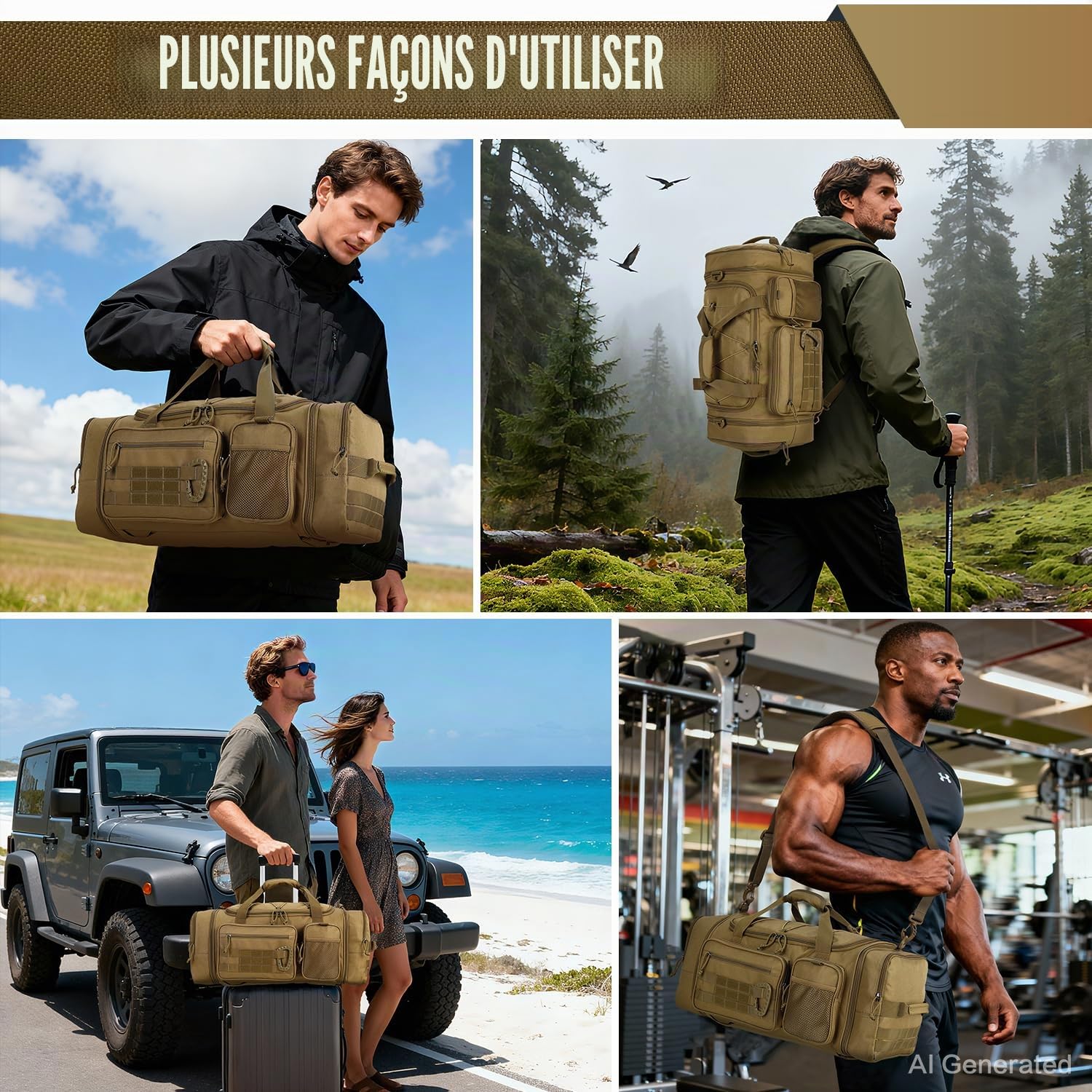 Sac de Sport Tactique pour Homme 40-45L Extensible Sac Fitness avec Bretelles et Compartiment à Chaussures 3 en 1 Sac de Voyage Militaire pour Natation Gym Camping Marron