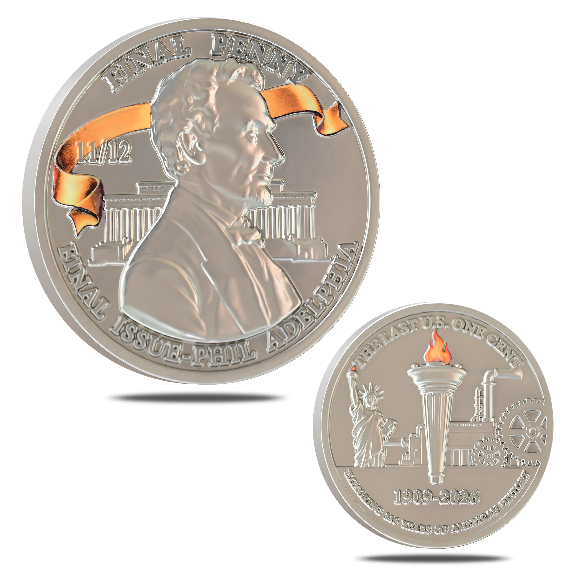 Last Lincoln Penny Memorial Coin 1909–2026 – Final Cent Historical Tribute Token, Silver Plated Zinc Alloy High-Relief Collectible Medal, 1.77 Inch Non-Monetary Display Coin