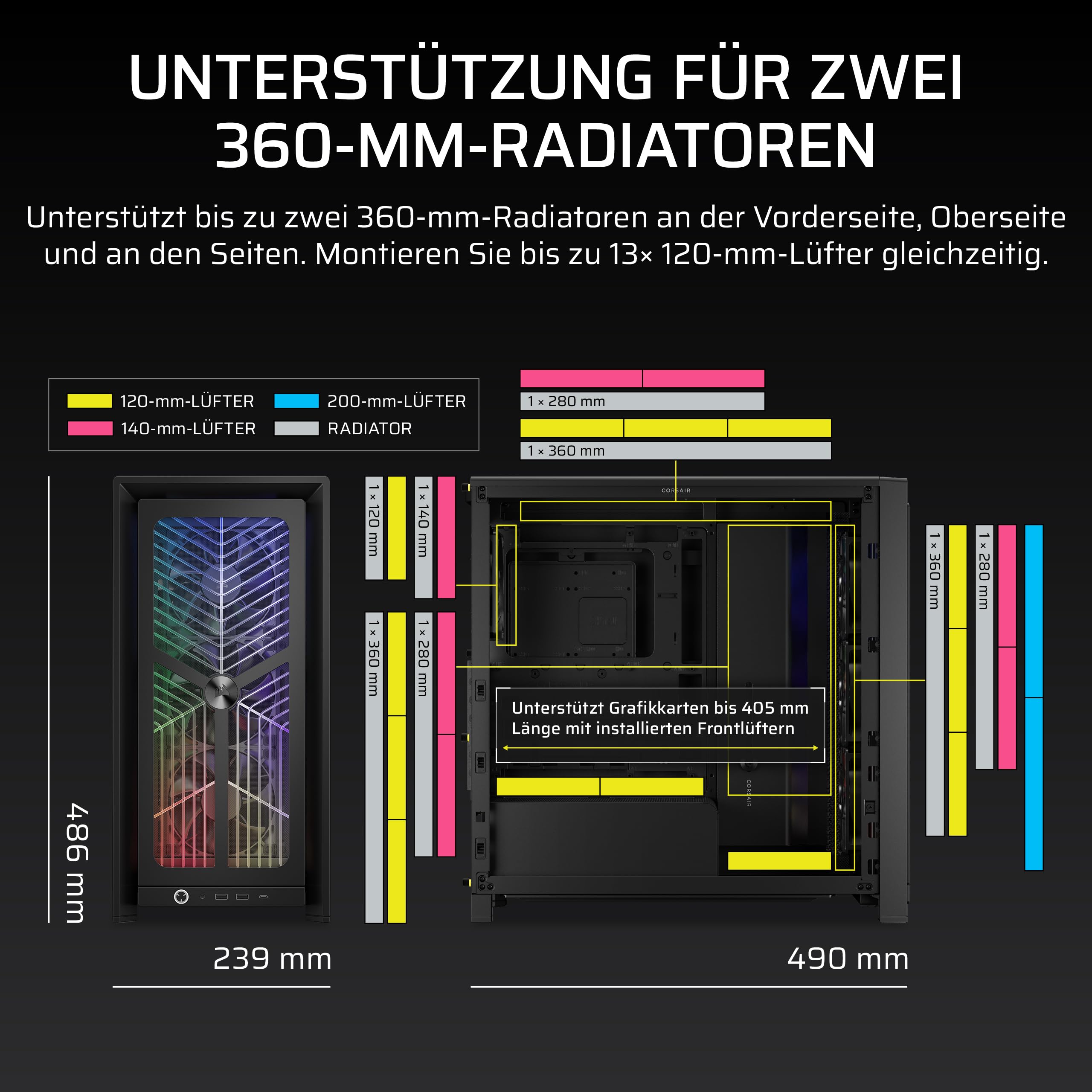 CORSAIR Frame 4000X RS Modulares Mid-Tower-ATX-PC-Gehäuse – Schwarz | RGB-Frontpanel, 4x RS120 PWM-Lüfter Enthalten, InfiniRail-Lüfterhalterungssystem, GPU-Anti-Sag-Stabilisierungsarm