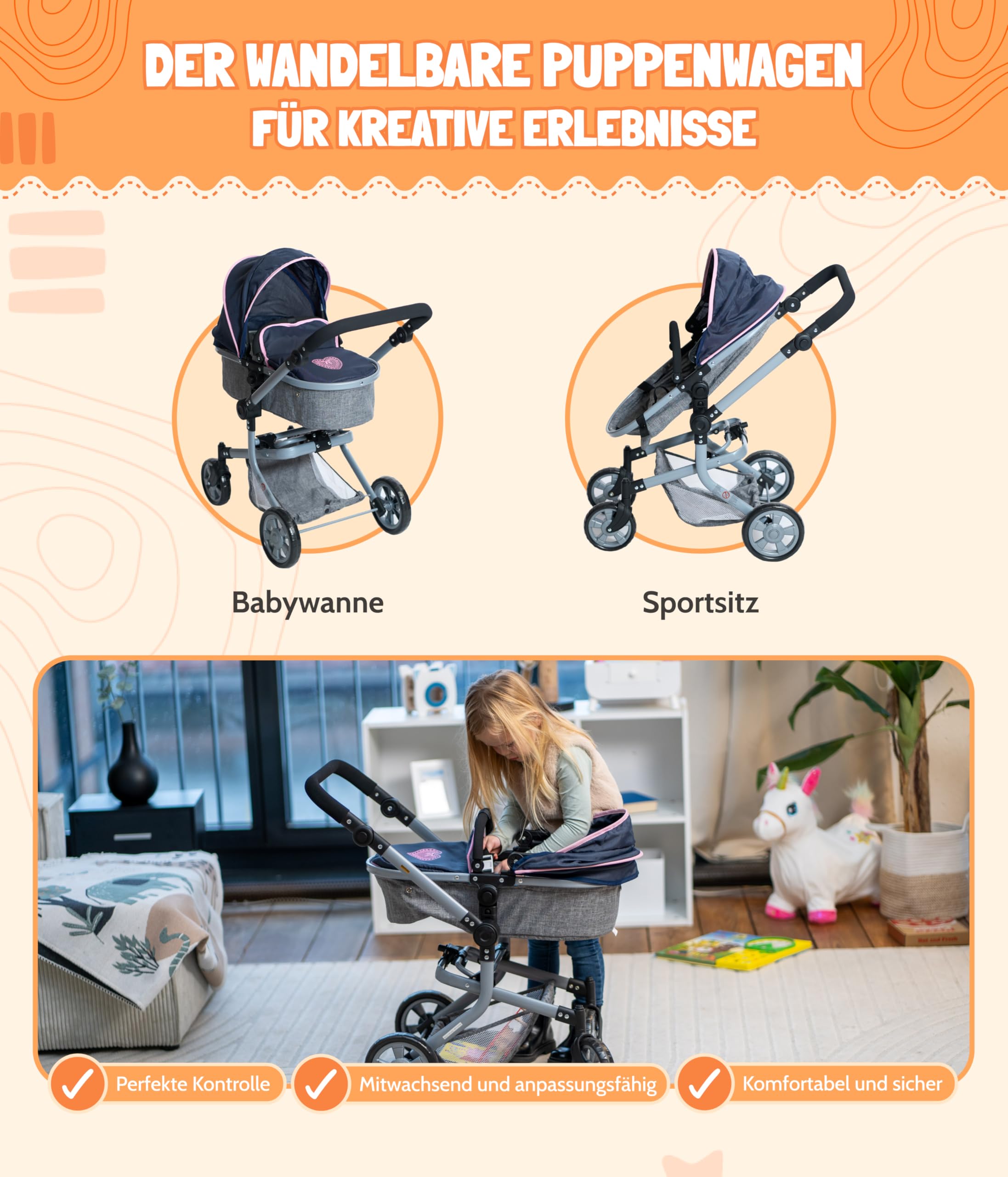 Bayer Chic 2000 Poussette Twinny pour Deux poupées - Poussette jumelle pour Enfants de 4 à 8 Ans - Licorne - Rose Marine - 691-43