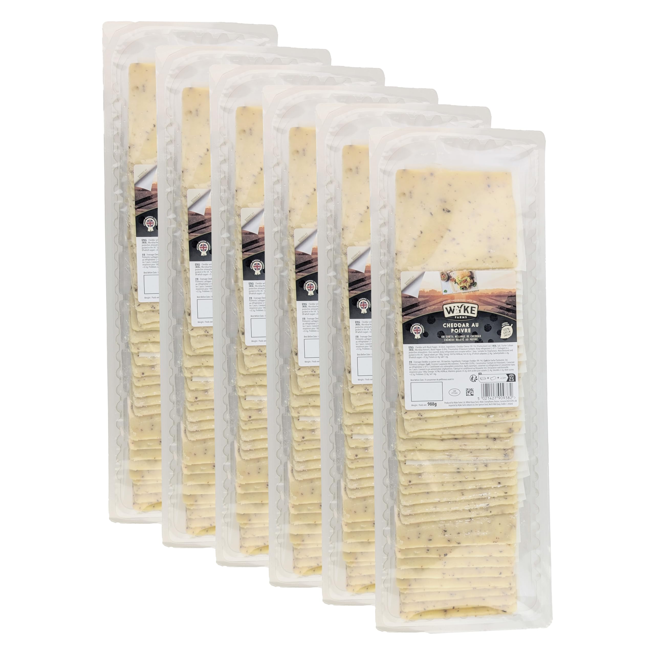 WYKE CHEDDAR-KÄSE mit schwarzem Pfeffer 38 Scheiben 6x 980g Großpackung cheddar cheese leicht scharf englischer Hartkäse ideal zu Burger Sandwiches Pizza Pasta