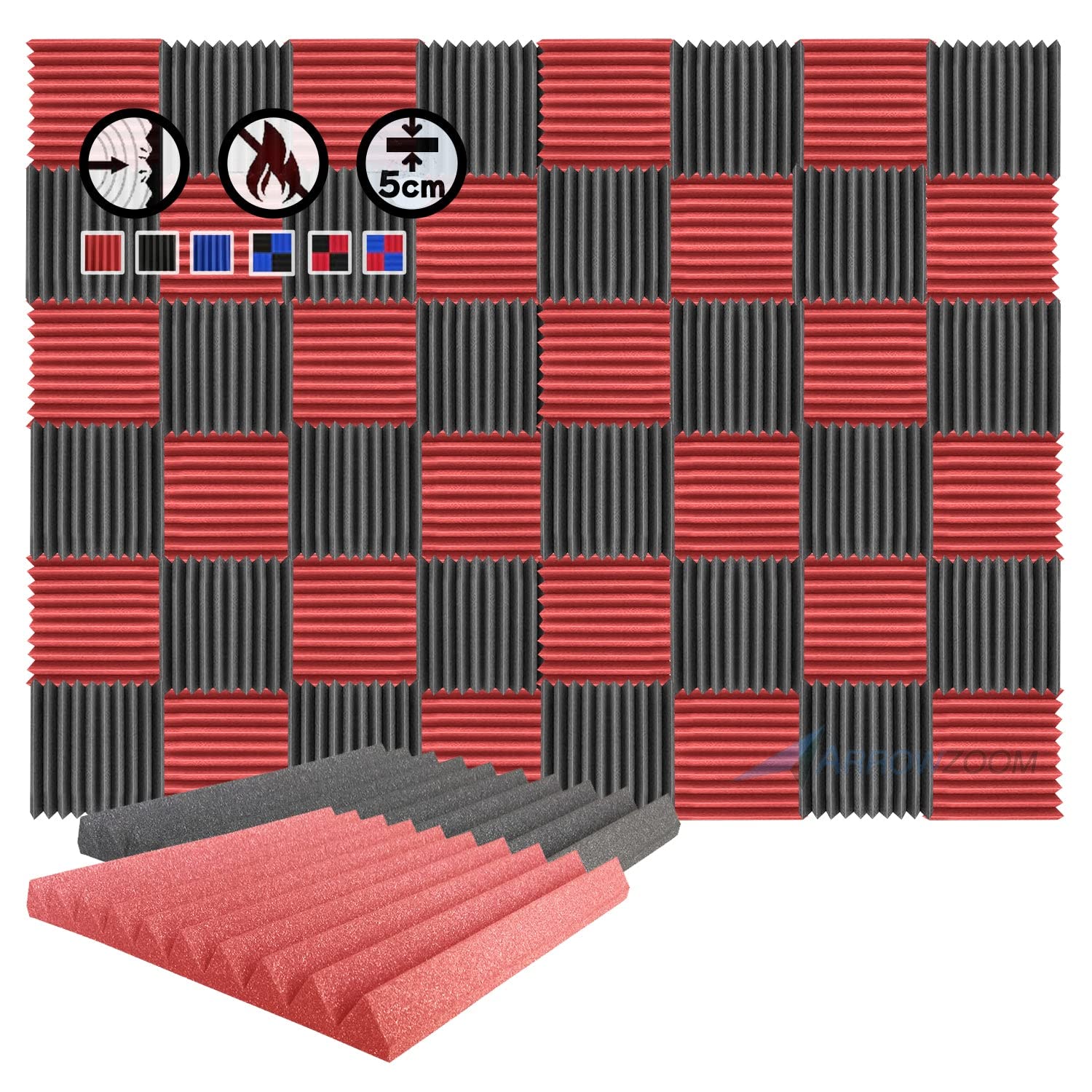 Arrowzoom 48 Acoustic Panels Wedge Sound Absorbing Acoustic Treatment Tiles 50x50x5cm Noise Cancellation 26kg/m3 High Density Acoustical Walls Dampening Foam Fire Retardant 1134 Black Red
