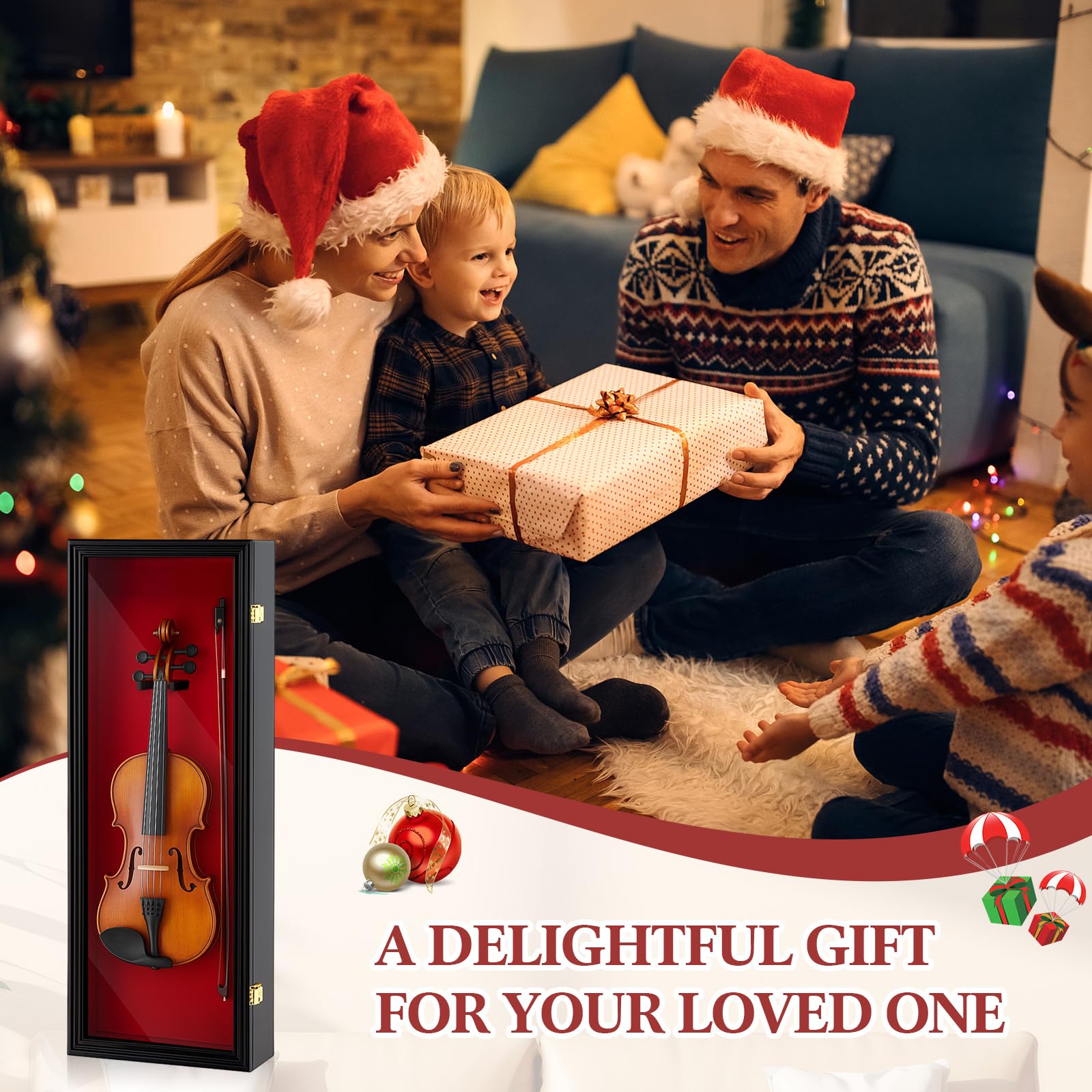 Silipull Espositore per violino da 33,25 '' con supporto per archetto e serratura per violino Supporto da parete per chitarra, violino, ukulele, con porta trasparente in acrilico per regalo natalizio