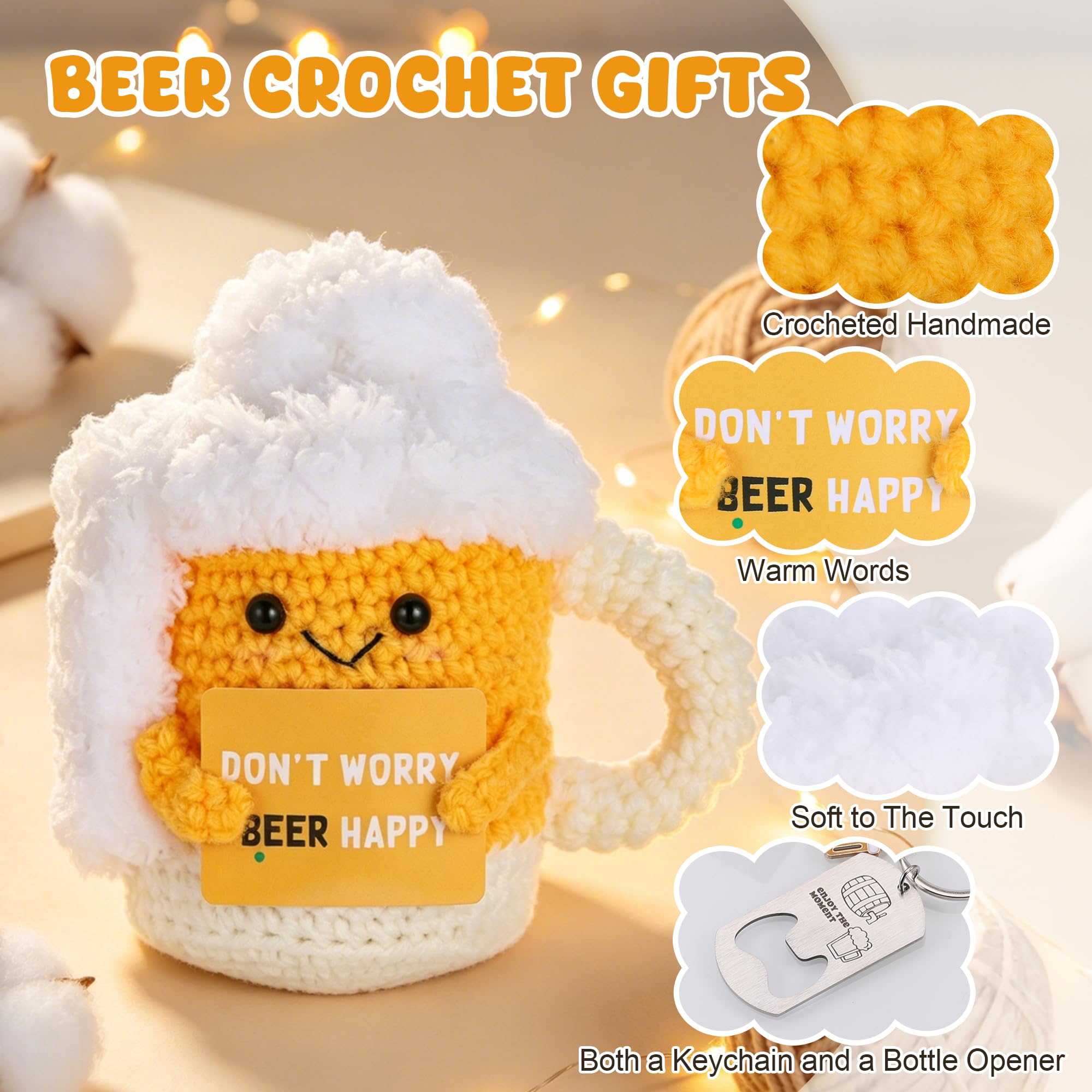 Regalo Cerveza Positiva Divertida, Muñecos de Ganchillo Jarra Cerveza con Tarjeta Positiva y 2 Llaveros Abrebotellas, Regalo Creativo Ganchillo para Amantes Cerveza, Familia, Amigos