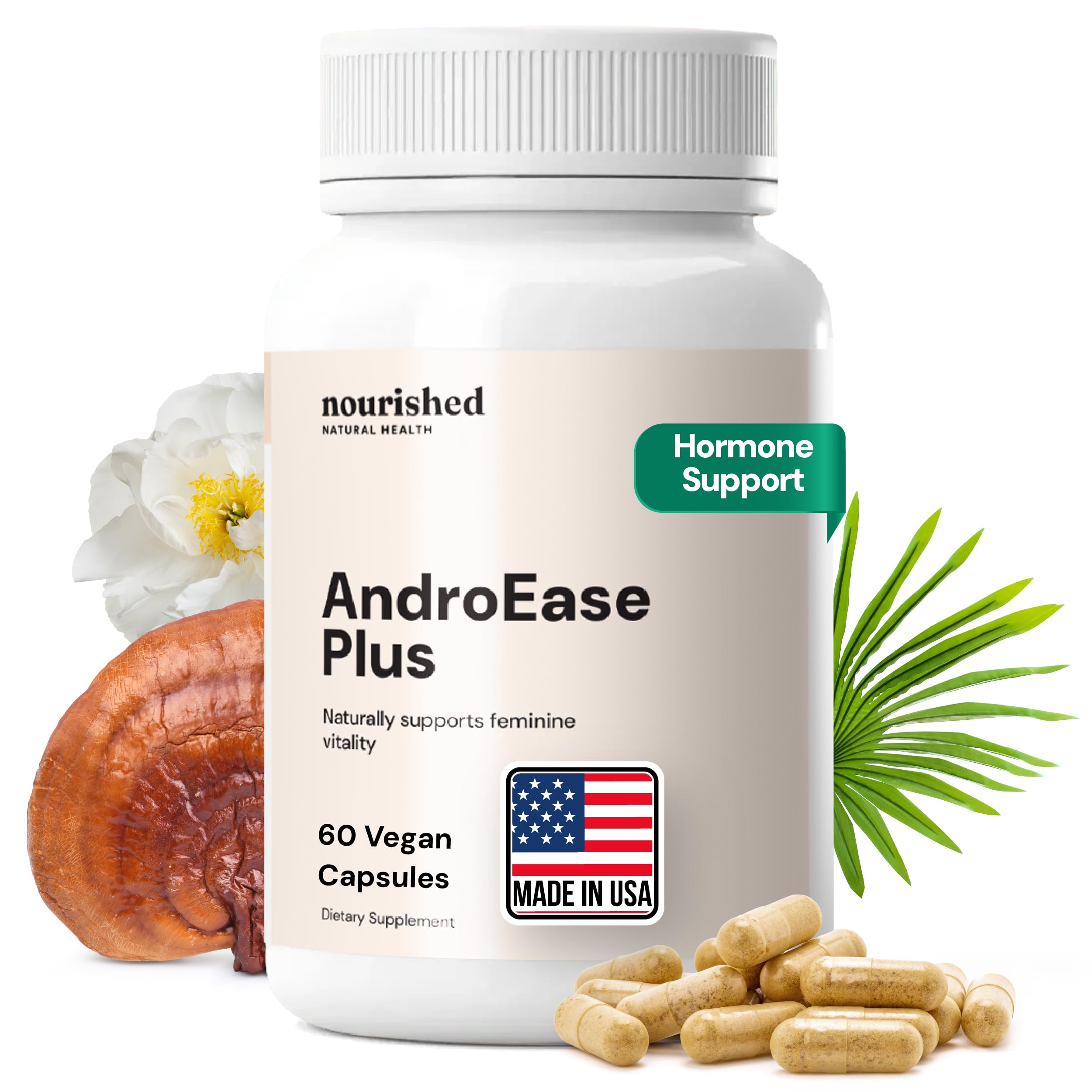 Nourished AndroEase Plus - Vegan Hormone Balance for Women - Zinc, Reishi, Green Tea and Saw Palmetto for Women - for Energy, Vitality, Facial Hair and Daily Wellness - 60 Capsules, Made in USA