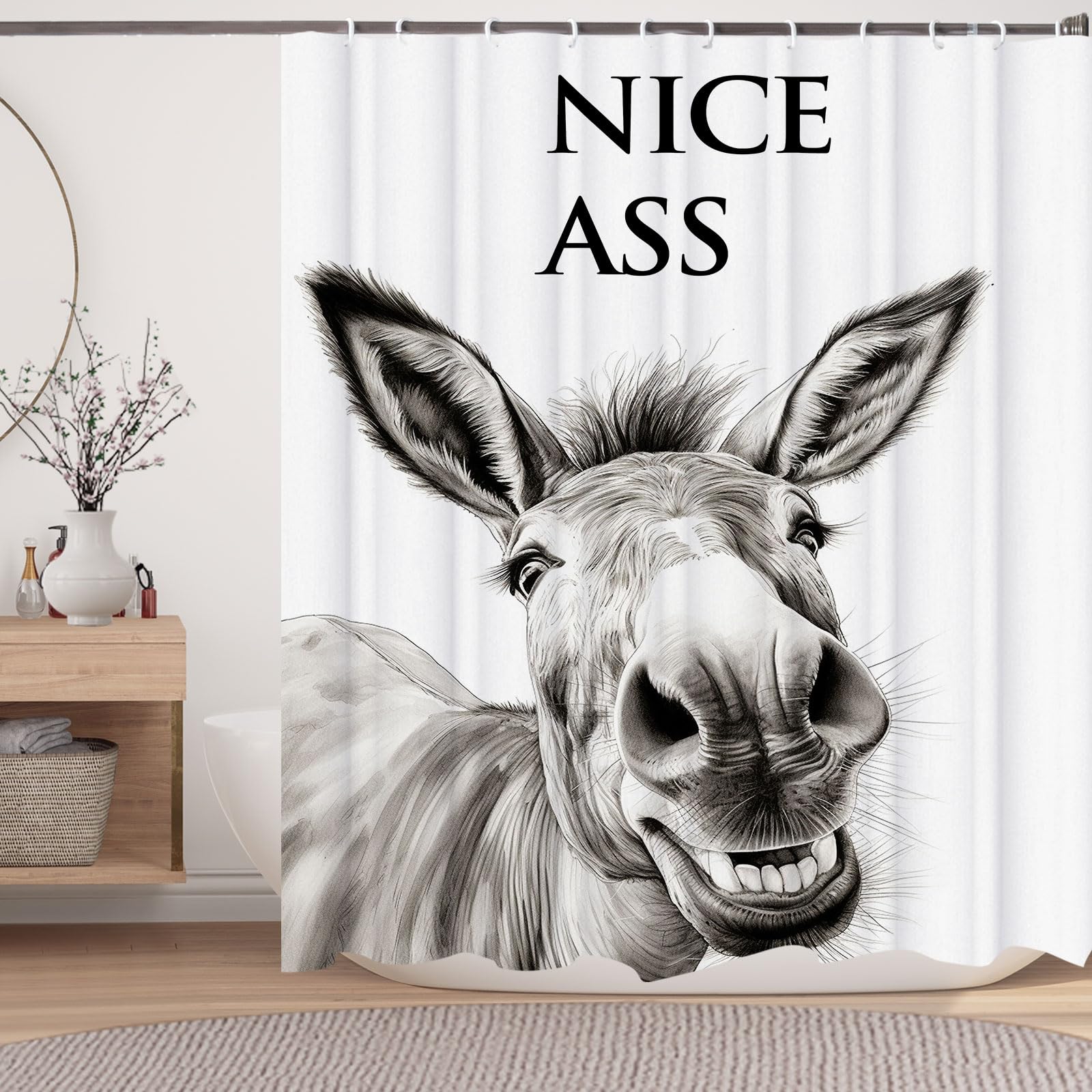 LKFBSC Funny Donkey Shower Curtain, Black and White Farmhouse Animal 72x72 Shower Curtain Set, Gray Style Bathroom Decor Curtain with Shower Hooks