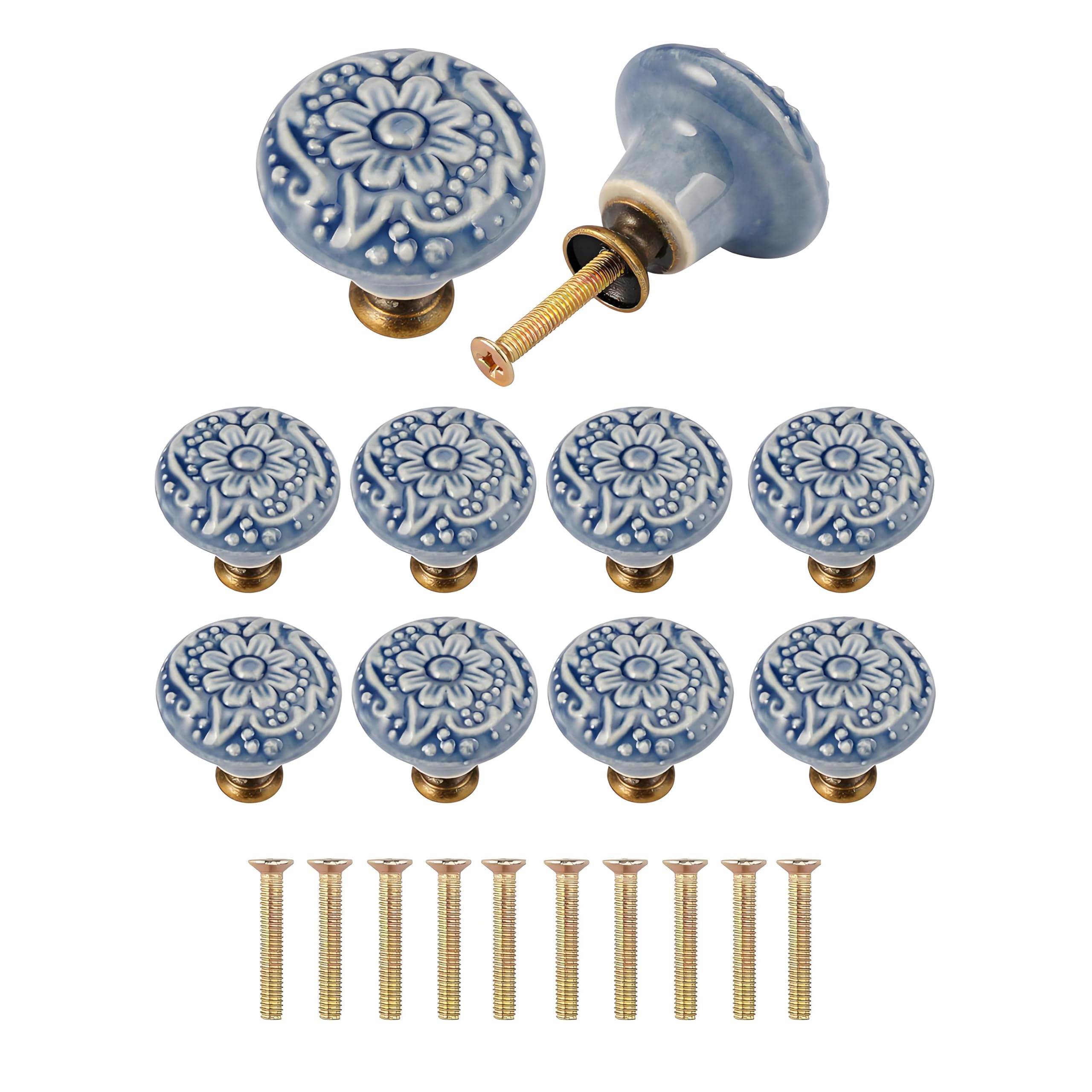 10 Pieces Ceramic Drawer Knobs Set,34mm×32mm Round Vintage Door Knobs,Decorative Furniture Pulls with 24mm Screws,Cupboard Handles Knobs for Shoe Cabinets,Bedside Table and Kitchen Cabinets