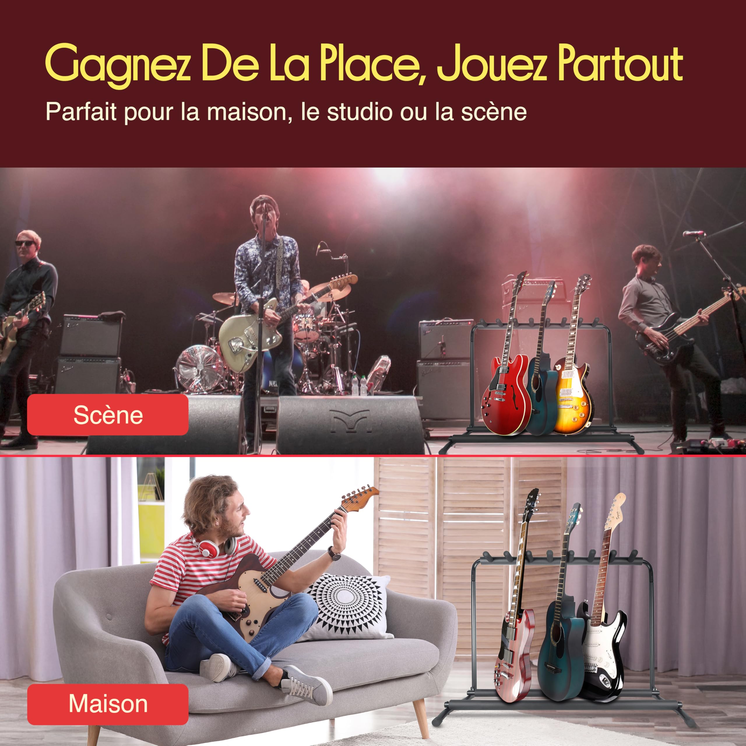 Pyle Support Guitare, Porte 7 Guitares, Universel et Portable, Pliable avec Rembourrage en Mousse, Noir