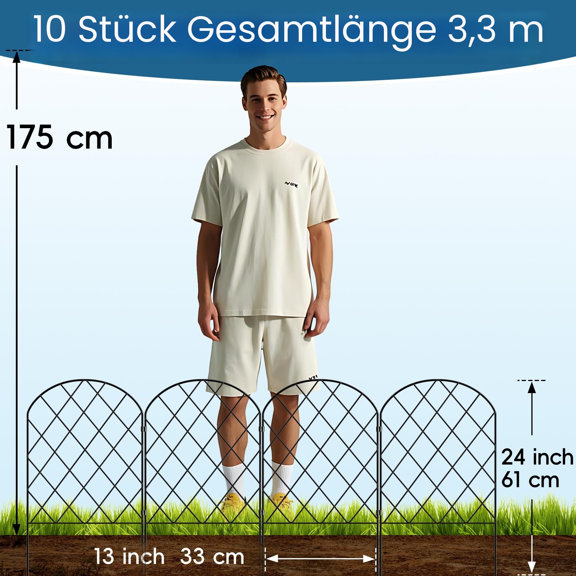 Thealyn Dekorativer Gartenzaun aus Metall (10 Stk., 61x33 cm, L: 3,3 m), grabungsfreier Steckzaun, wetterfest, für den Außenbereich, Beeteinfassung, Rasenkante & Wegbegrenzung (Die Raute)