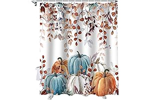 Fall Thanksgiving Shower Curtain, Watercolor Autumn Pumpkins Eucalyptus Leaves Shower Curtains Set