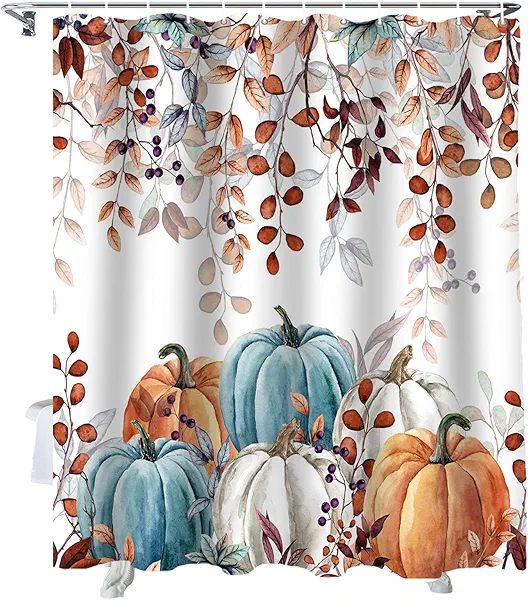 Fall Thanksgiving Shower Curtain, Watercolor Autumn Pumpkins Eucalyptus Leaves Shower Curtains Set with Hooks, Blue Orange Waterproof FabricBathroom Decor Home Accessories,72 X 72 Inch Long