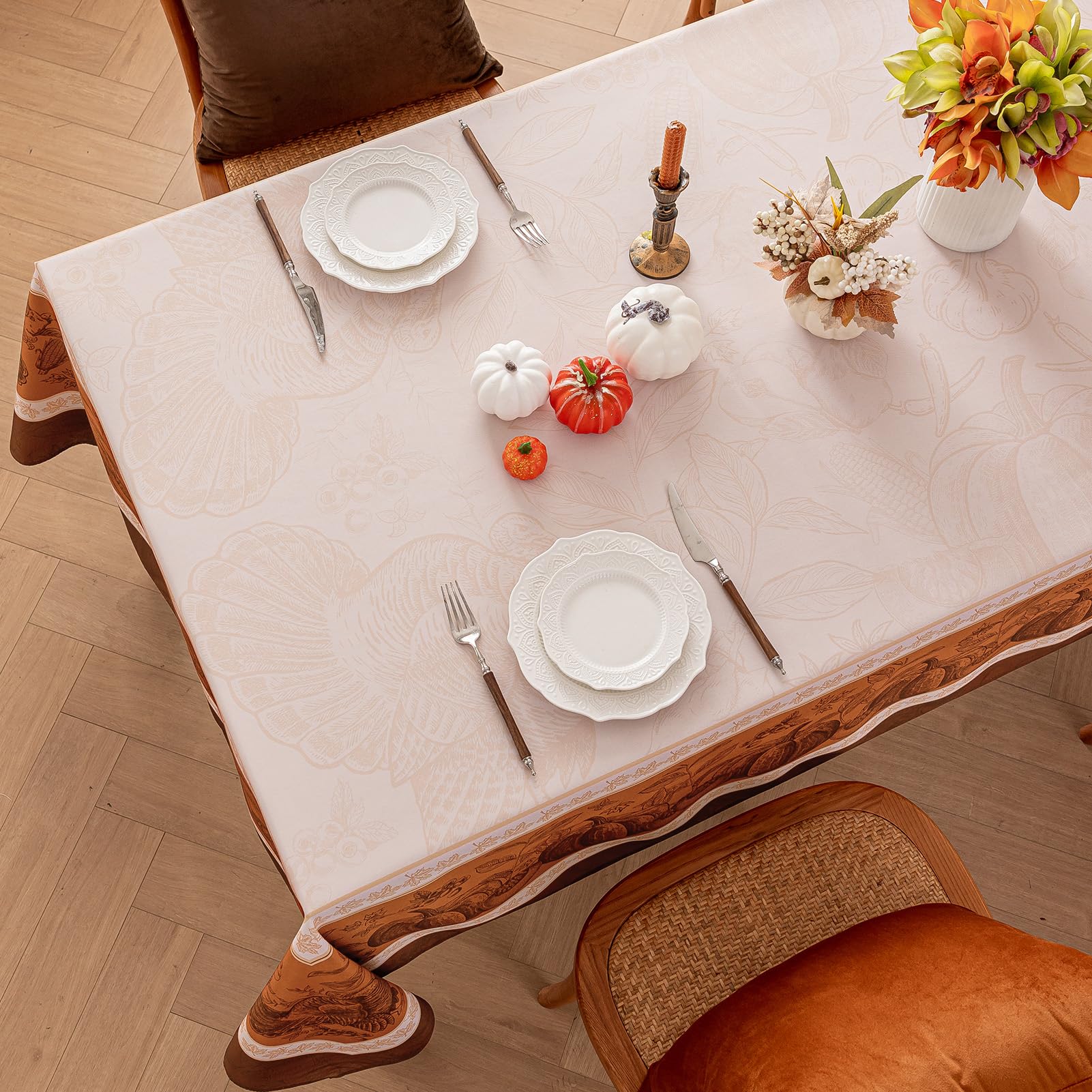 Romanstile Tovaglia antimacchia Rettangolare 180x140 cm Tovaglie da esterno impermeabile con motivi di zucca e foglie d'acero d'oro moderna Decor autunnale per halloween, cucina, caffè (6-8 posti)
