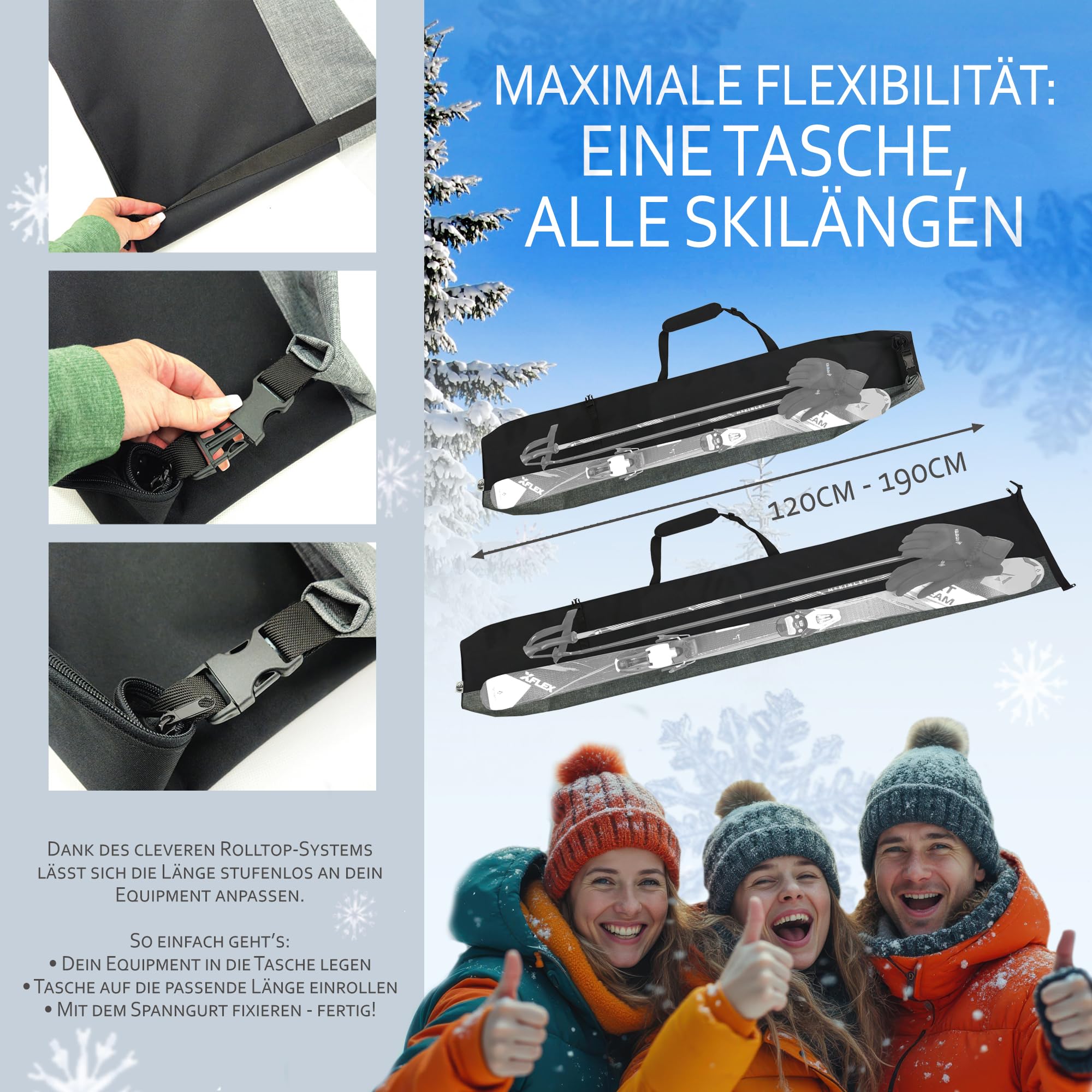 Skitaschen Set – Skitasche Rolltop 120–190 cm & Skischuhrucksack – wasserdichtes Cordura – Skiaufbewahrung für Ski, Skischuhe, Helm & Handschuhe – Ski Transporttasche KOMBIPAKET