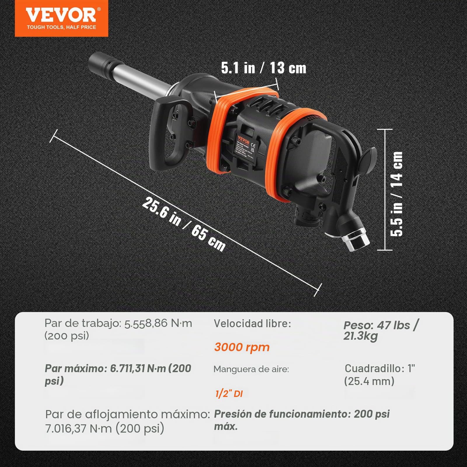 VEVOR Llave de impacto neumática de 1" y 5175 pies-lbs con mango en D de yunque de 8" para reparación, mantenimiento de maquinaria pesada, autobús, entusiasta de la automoción, mecánico profesional