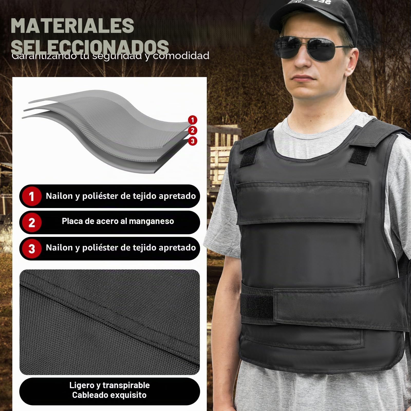 Chaleco antipuñaladas, chaleco de protección de seguridad, chaleco táctico a prueba de puñaladas, correa ajustable para el hombro/correa de cintura, con guantes + bolsa de almacenamiento, Negro
