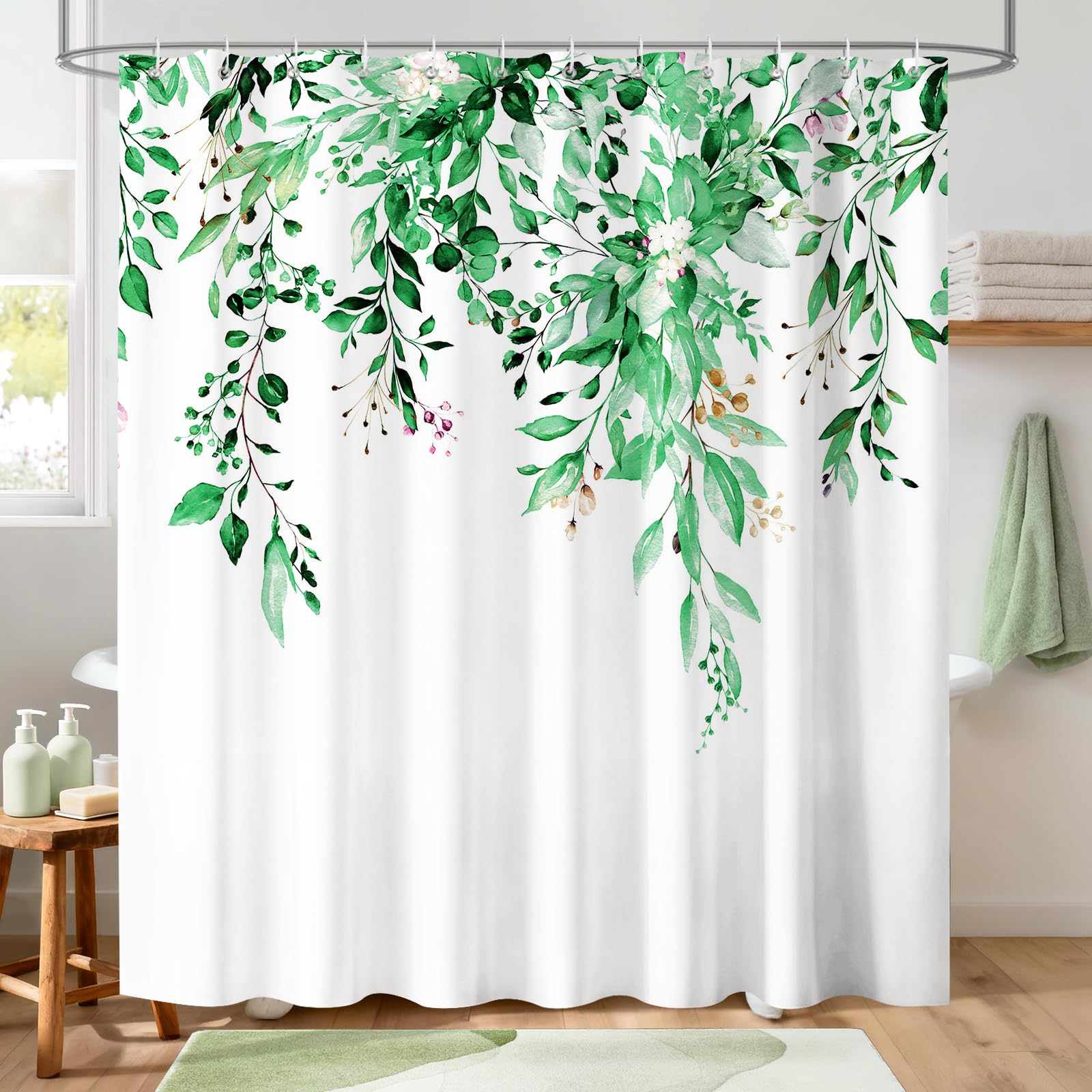Hopomoon Duschvorhang-Set im nordischen Stil, mit Pflanzen und Blumendrucken, Blätter-Design, wasserdicht, dickes Polyestergewebe, Badezimmervorhang, 180 x 180 cm