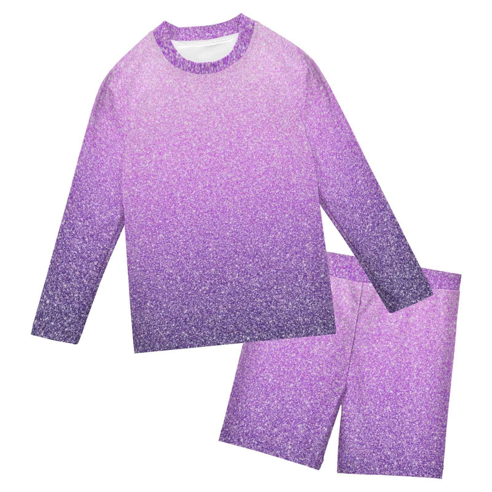 Aflyko Kids' Bathing Suit Set Glitter Lavender Purples Long Sleeve Swim Tops with Shorts Summer Vacation Pool Party Rashguard Fun Cute Infant Beachwear, 4T
