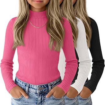 3 Pack Girls Ribbed Long Sleeve Shirts Cotton Mock Turtleneck Tops Tag Free Knit Base Layer Tee Casual Undershirts