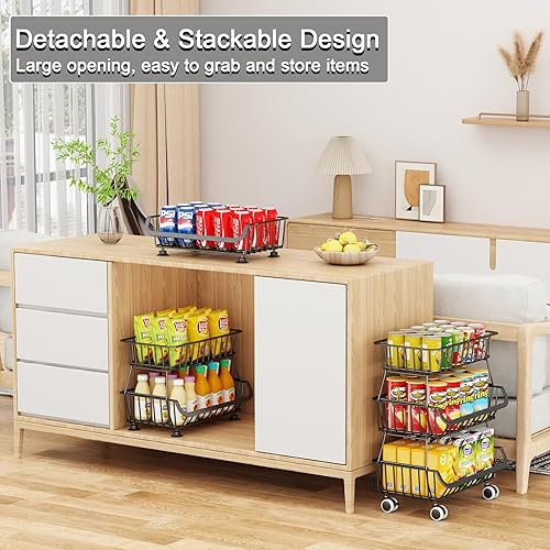 Miniatura 23 de Organizador de piso de despensa rodante de 3 niveles, carrito de almacenamiento apilable con ruedas, cestas de alambre de metal, soporte de cesta de
