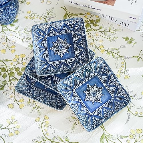 Miniatura 4 de Sungmor Vajilla fina de cerámica en relieve, porcelana de estilo barroco antiguo de 6 pulgadas, platos cuadrados para aperitivos, juego de 4,