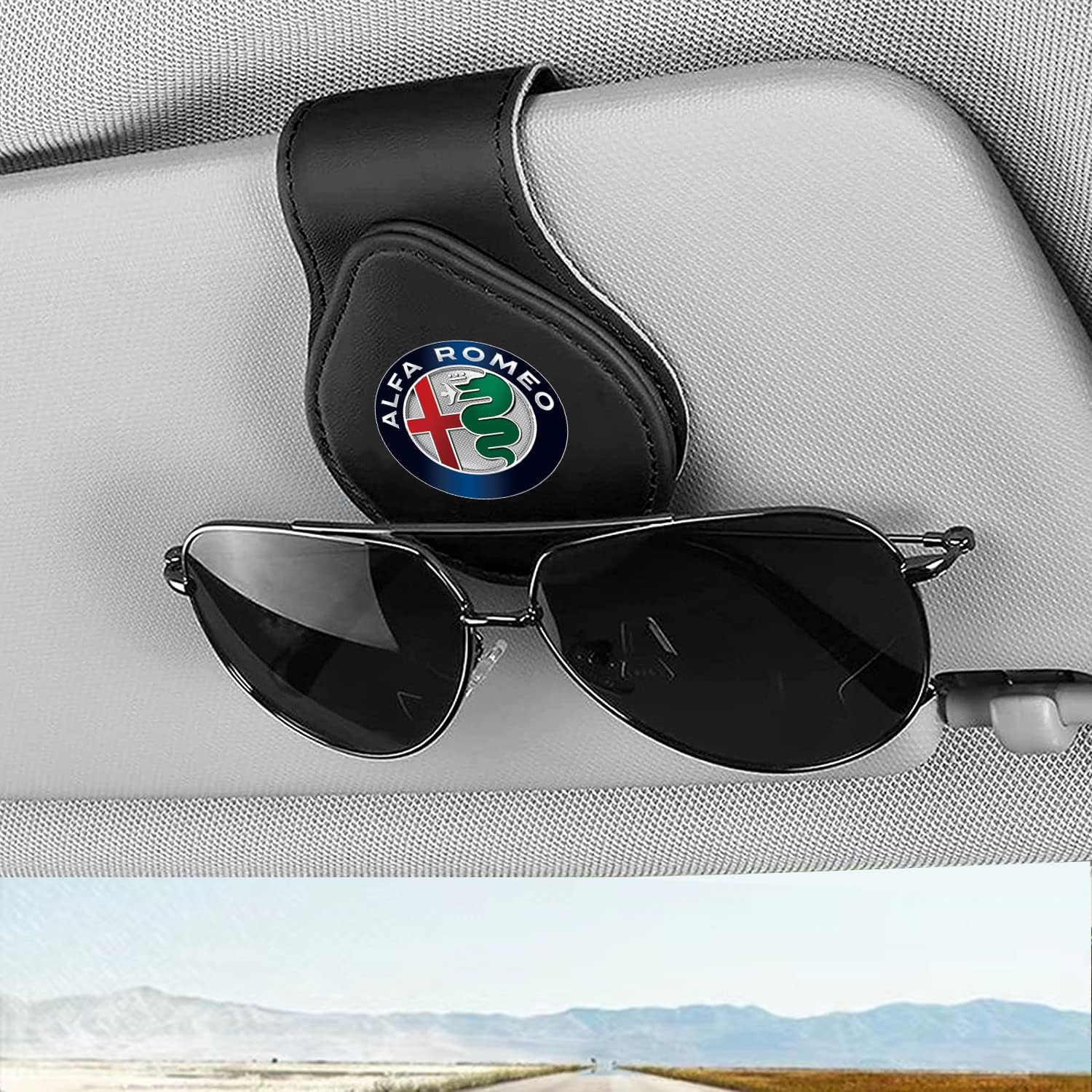 Sunglasses Holder for Car Leather Glasses Frame, Eyeglass Hanger Card Clip Car Sun Visor Accessories Compatible with Alfa Romeo