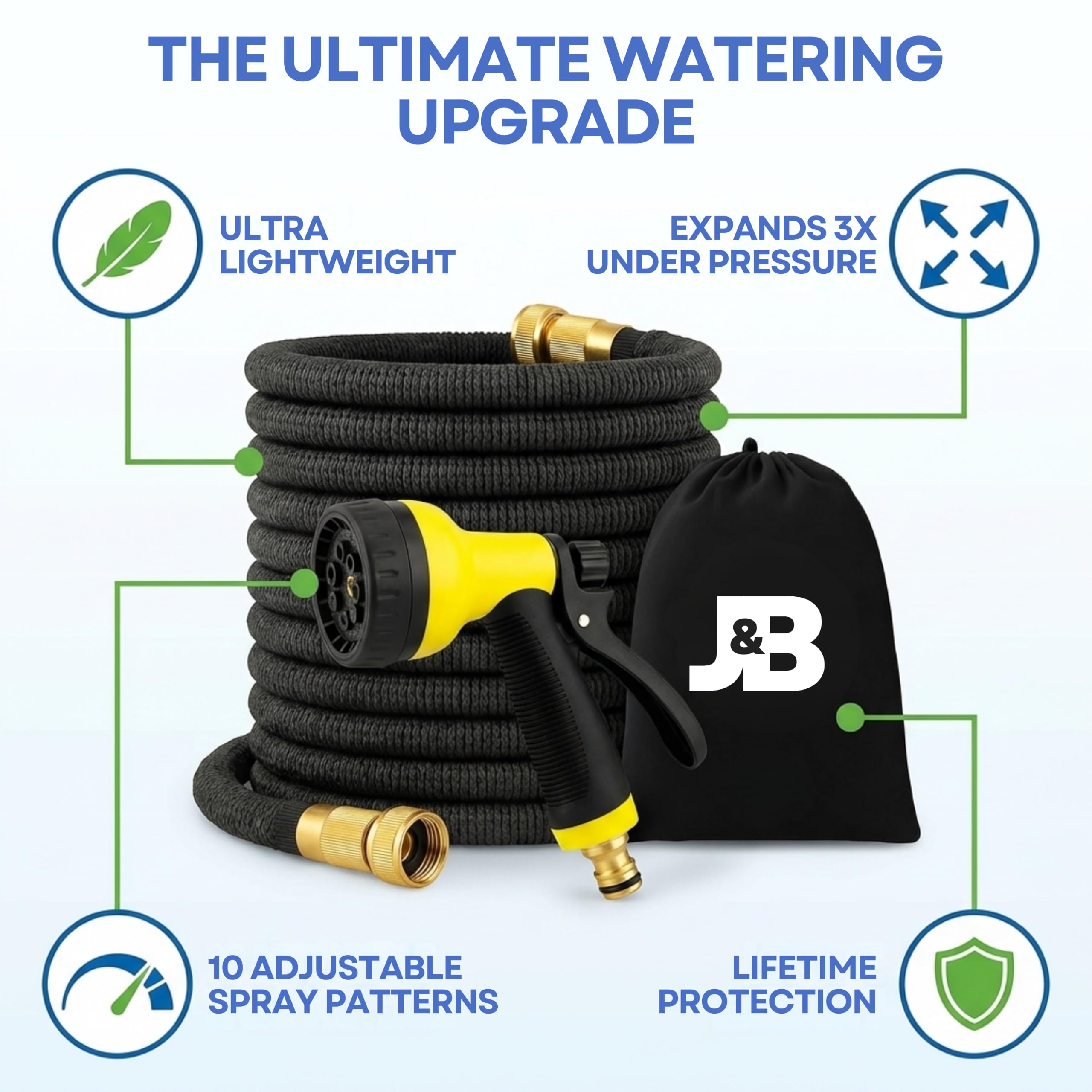 J&B XpandaHose 180 cm rozszerzalny wąż ogrodowy z uchwytem - wytrzymały potrójny warstwowy rdzeń lateksowy i 10 dysz natryskowych z torbą do przechowywania (czarny, 75) (75, czarny)
