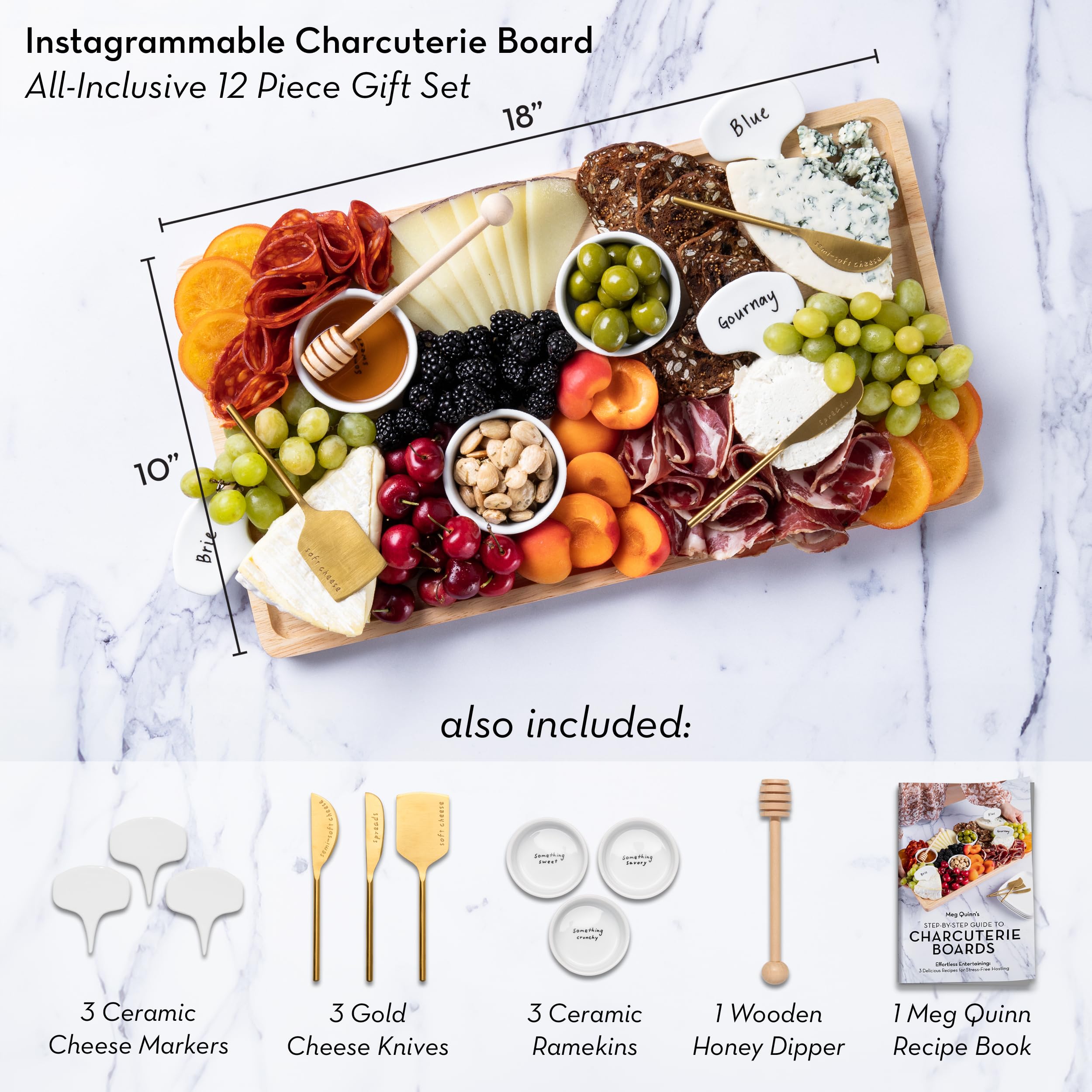 Charcuterie Board Gift Set by Meg Quinn - Cheese Board with Charcuterie Board Accessories: Charcuterie Board Set for a House Warming Gift, New Home, Wedding Gift, Couples Gift for Christmas. 12 Pcs