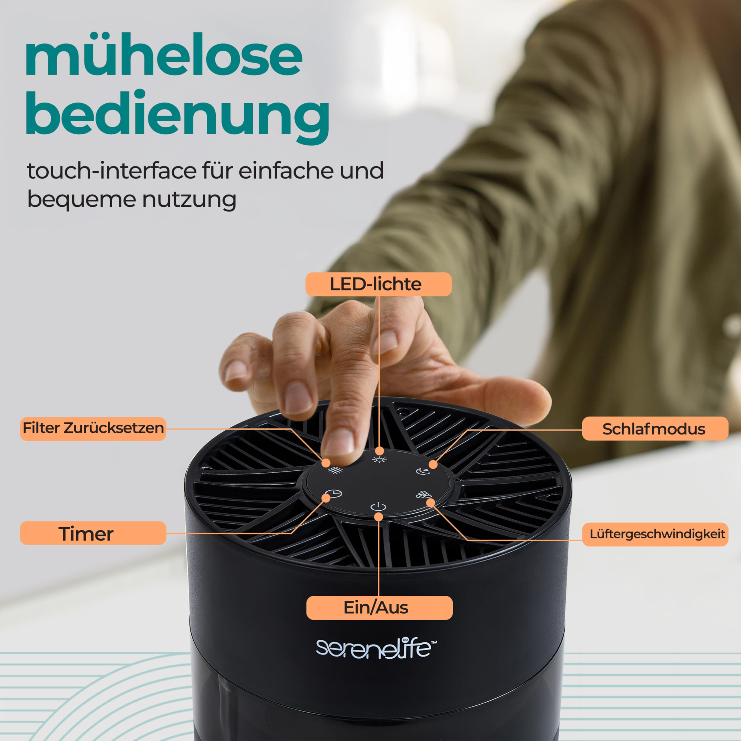 SereneLife Luftreiniger mit HEPA-13 Filter, Luftfilter Allergiker 99.97% Entfernung, gegen Staub Pollen Tierhaare Gerüche- mit Aromatherapie, Nachtlicht, Timer und Touch Steurung, 24db