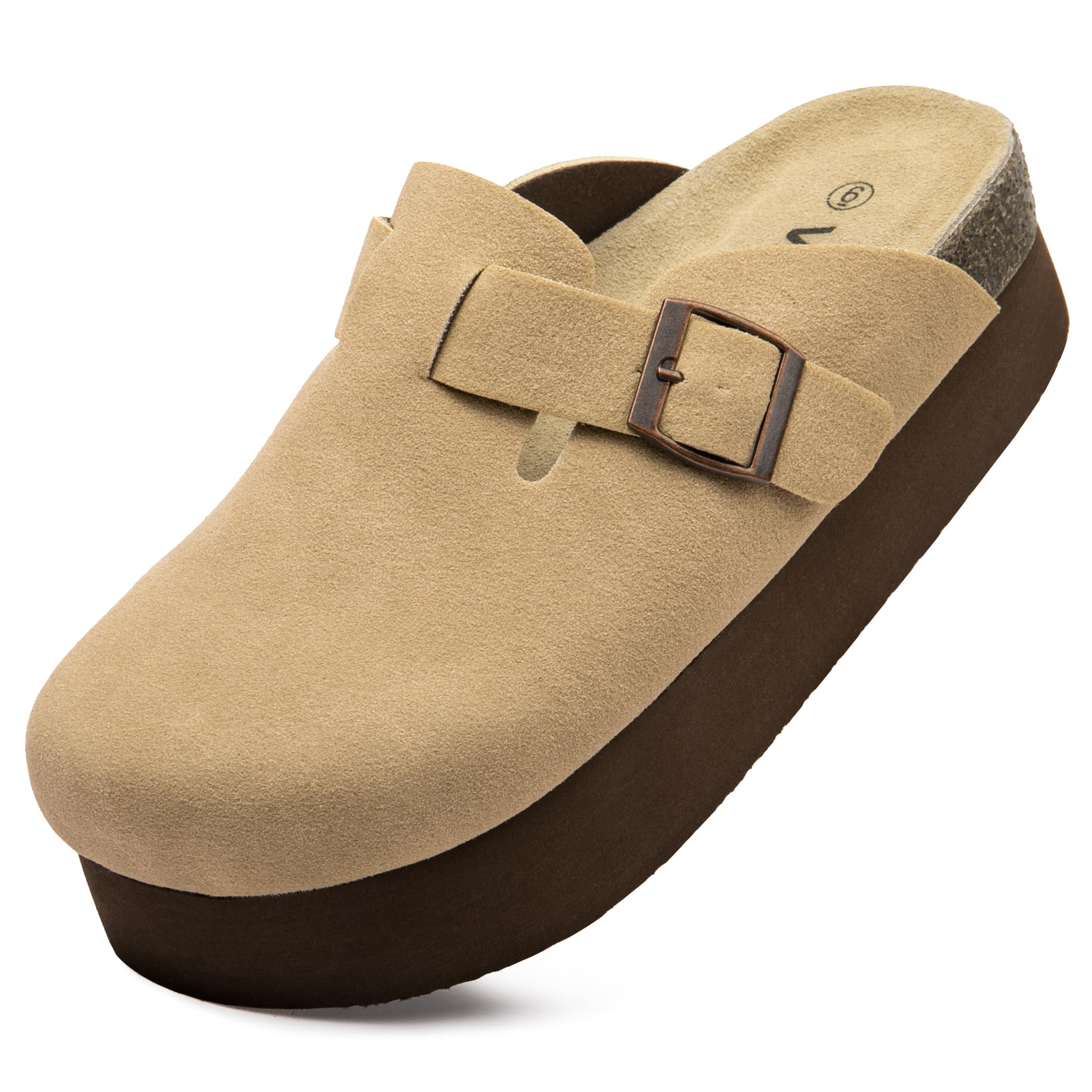 Women's Suede Clogs Cork Footbed Sandals Comfort Platform Mules with Arch Support Adjustable Buckle Slip On Slippers-image-34