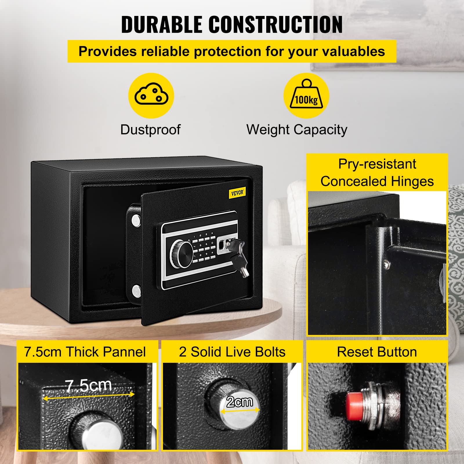 VEVOR Cassaforte con Sensore Impronte Digitali e Tastiera Digitale 35x25x25 cm, Cassetta di Sicurezza con Impronte Digitale Portata 17 kg, Cassetta di Sicurezza Portatile Adatto a Qualsiasi Ambiente