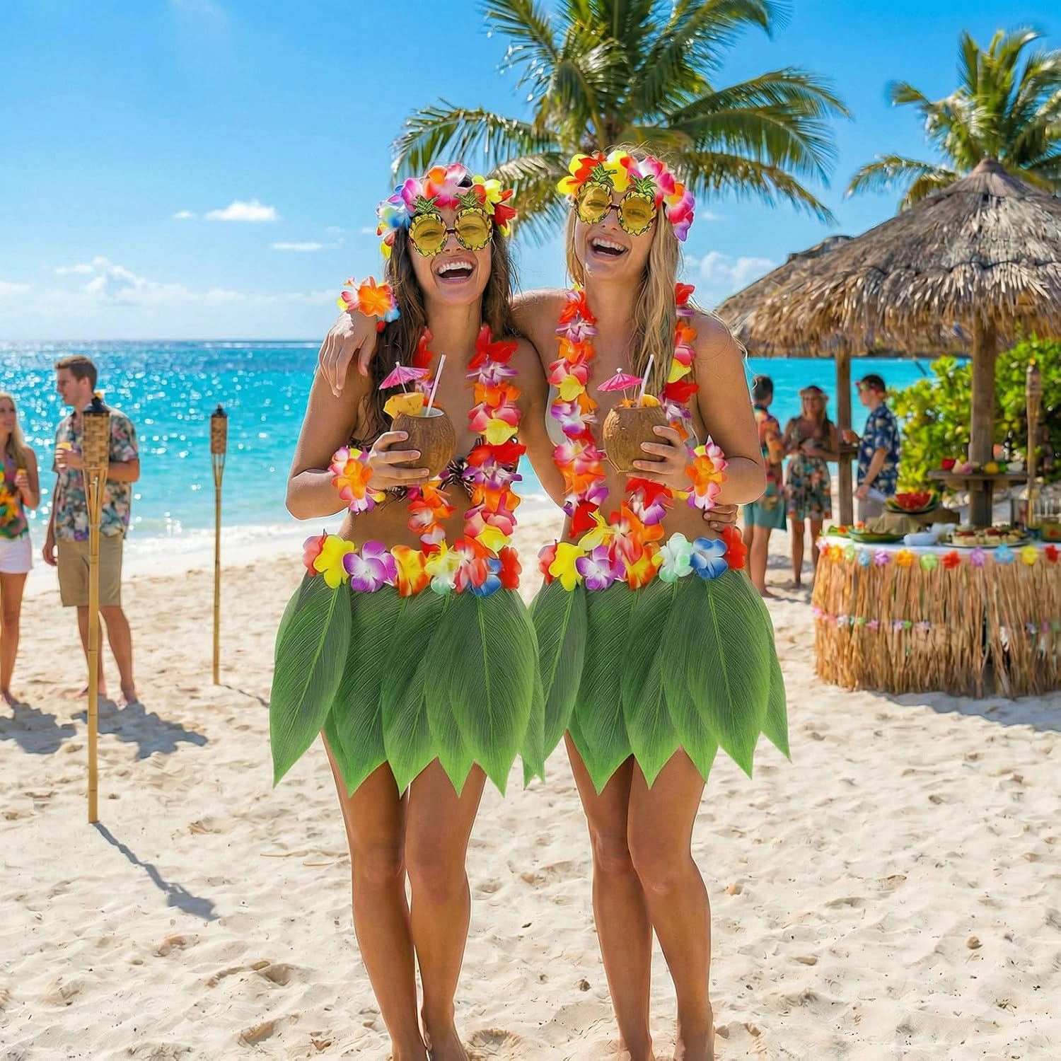 Women Grass Skirt for Luau Party, Hawaiian Leaf Hula Skirt with Flower Leis for Beach and Hawaii Luau Party Decorations