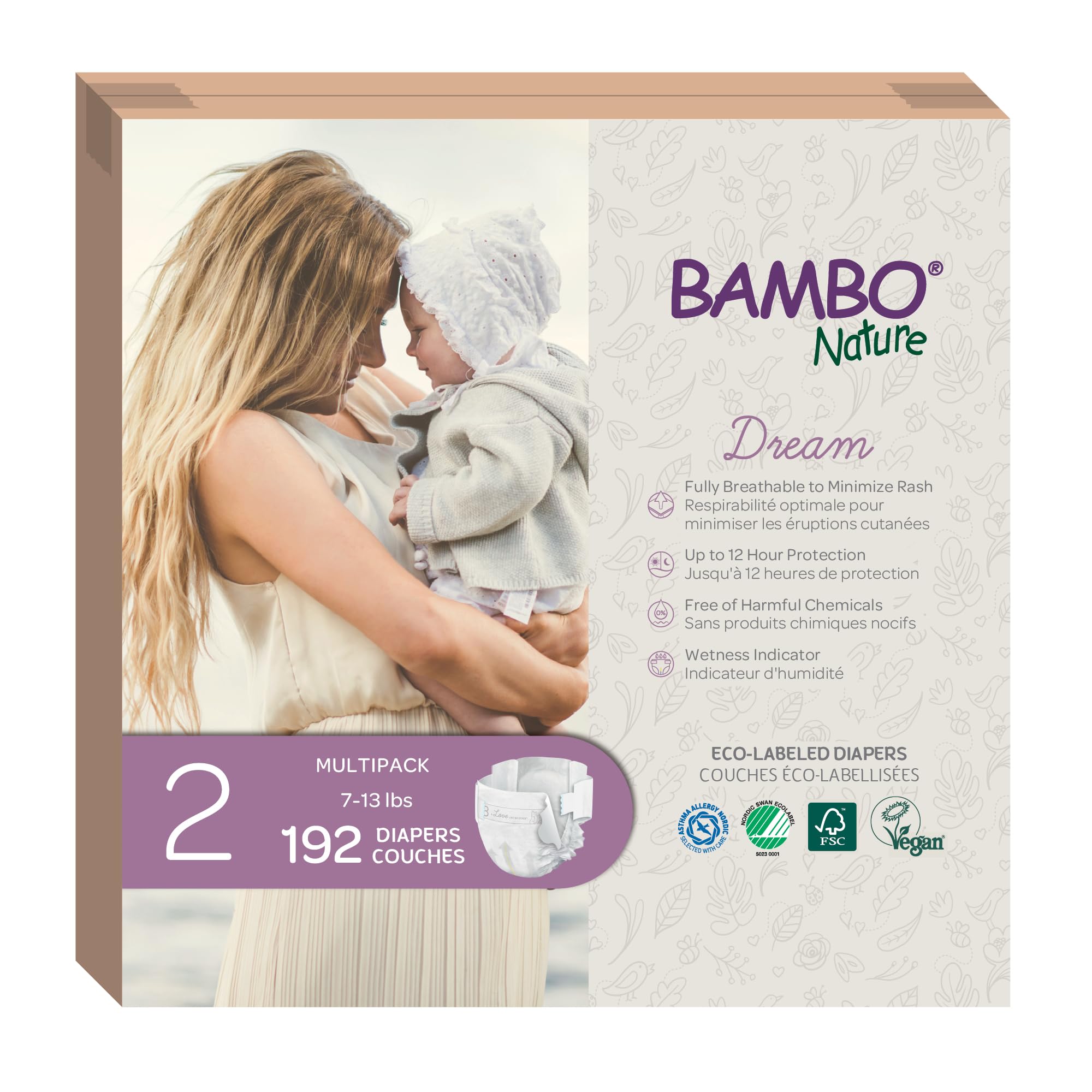 Bambo Nature Hypoallergenic Baby Diapers, Eco-Labelled Sustainable Diapers, Enhanced Leakage Protection, Totally Chlorine-free, Skin Friendly, and Super Absorbent - Size 2 (192 Count)