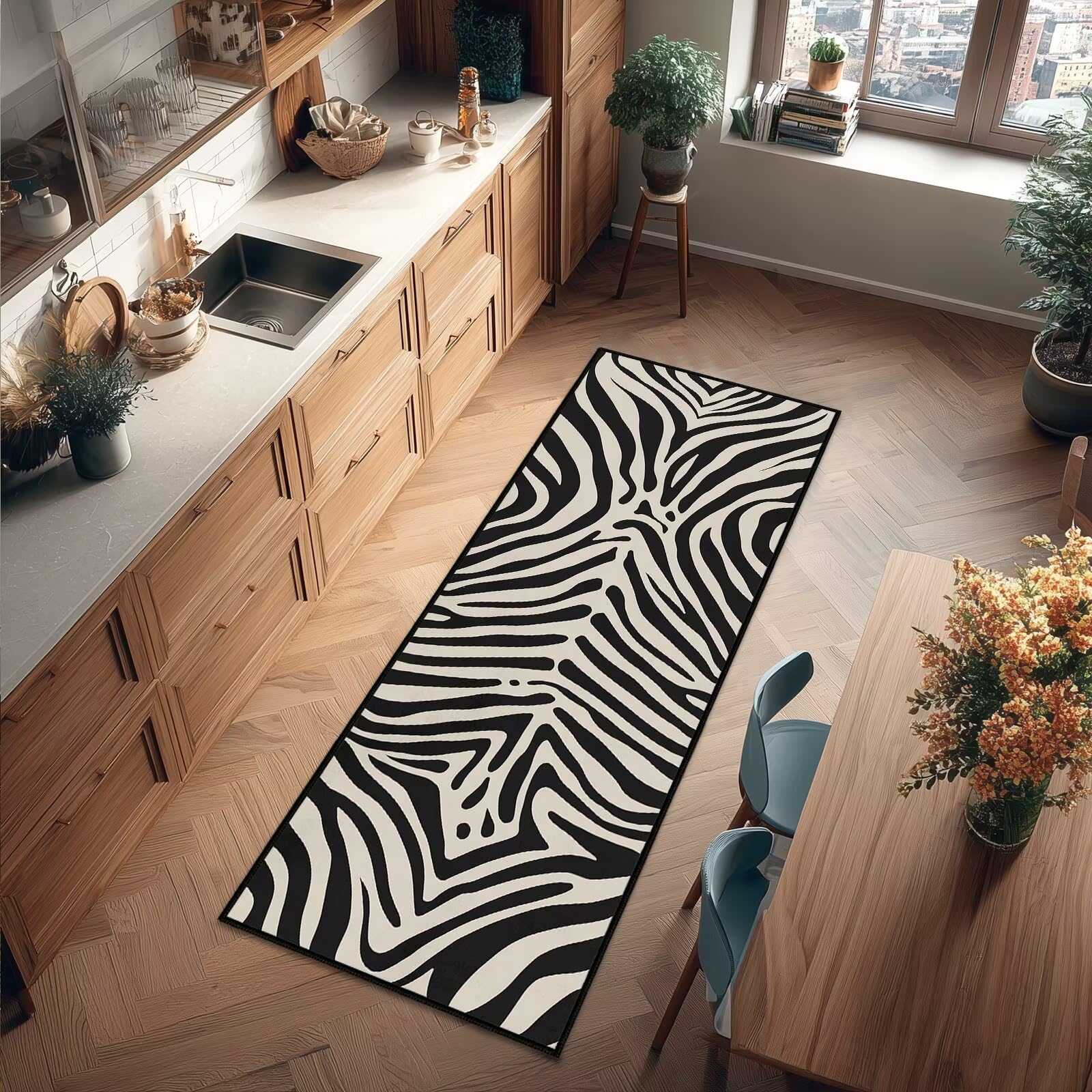 Zebra Print Runner Rug 2x6,Zebra Pattern Hallway Rugs Indoor Entrance Door Mat Washable Kitchen Runners Beige White and Black Area Rug Non Slip Throw