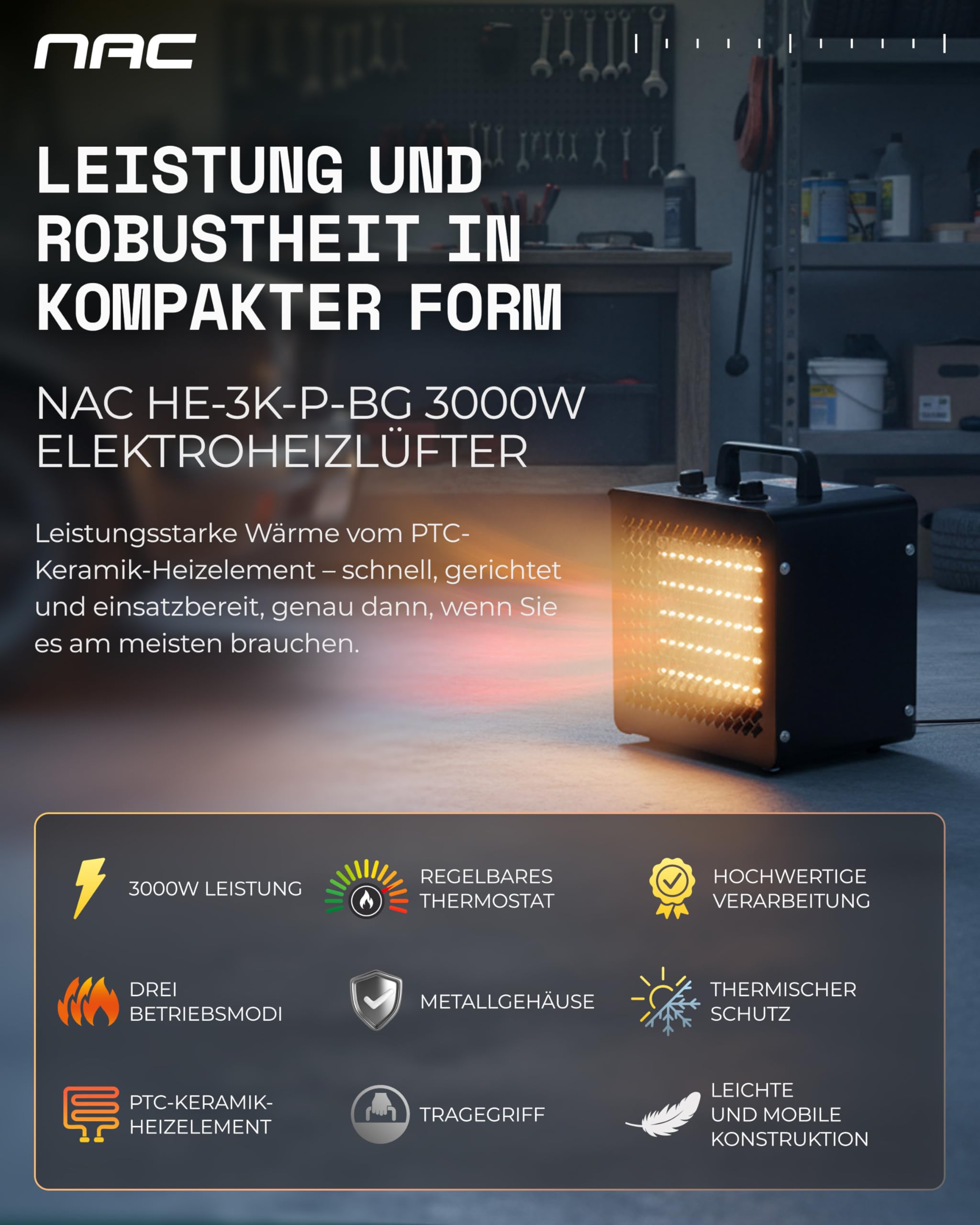 NAC Elektrischer Keramik Heizlüfter 3000 Watt - Heizstrahler mit Thermostat, Heizung Elektrisch - Heizgerät mit 3 Heizstufen, Elektroheizung für Garage, Werkstatt, Baustelle - Bauheizer Bautrockner