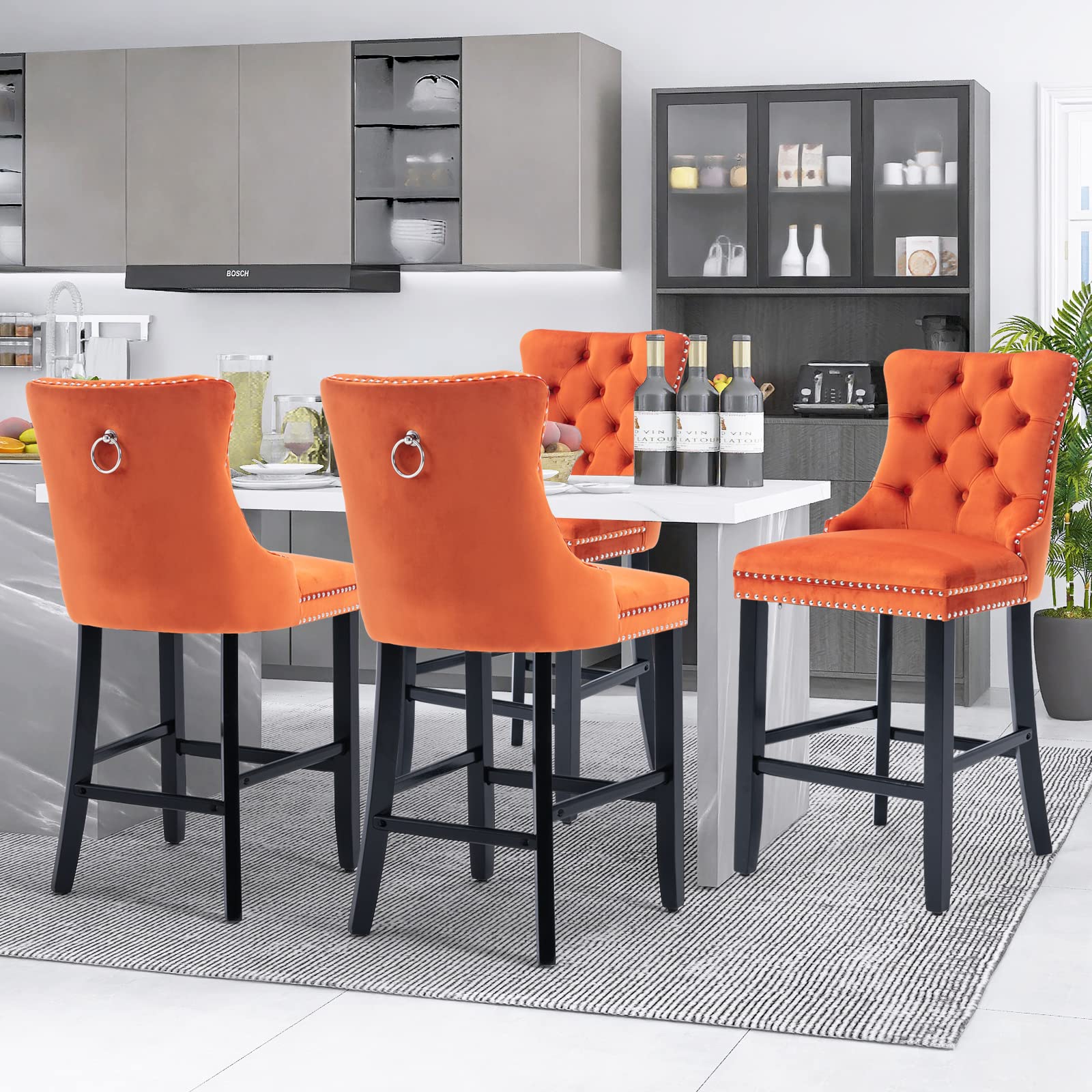 SoarFlash Modern Velvet Upholstered Bar Stools Set of 4 with Wood Legs, Button Tufted,Chrome Nailhead, Counterstool Seat, Armless Bar Chairs (Orange)