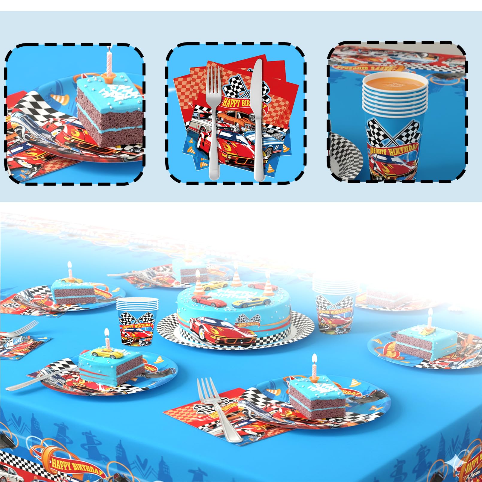 81 pezzi Stoviglie Compleanno Hot Whels, Decorazioni per Feste Compleanno Auto, Stoviglie per Feste Car Piatti Carta, Bicchieri, Tovaglioli e Tovaglia per 20 ospiti