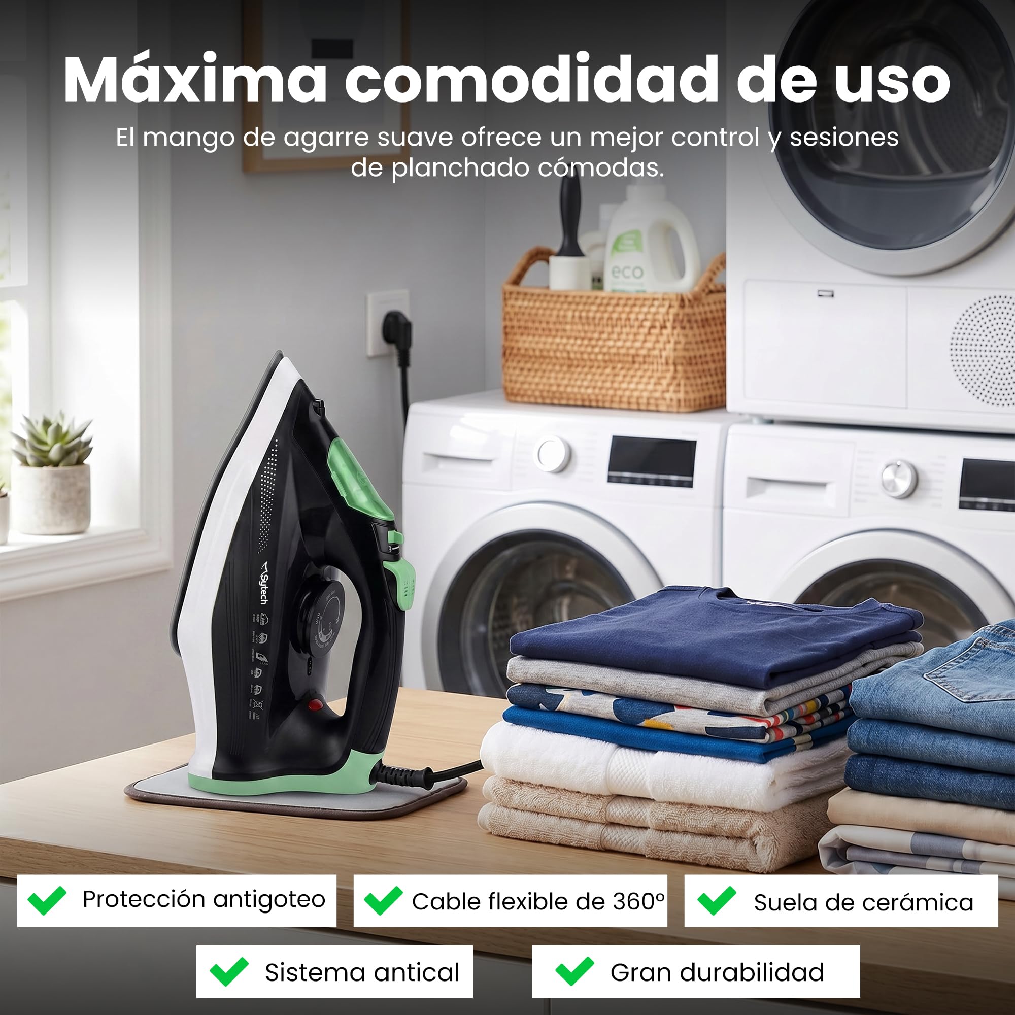 plancha de vapor, 2200w., suela ceramica, antical, antigoteo, verde (sytech)