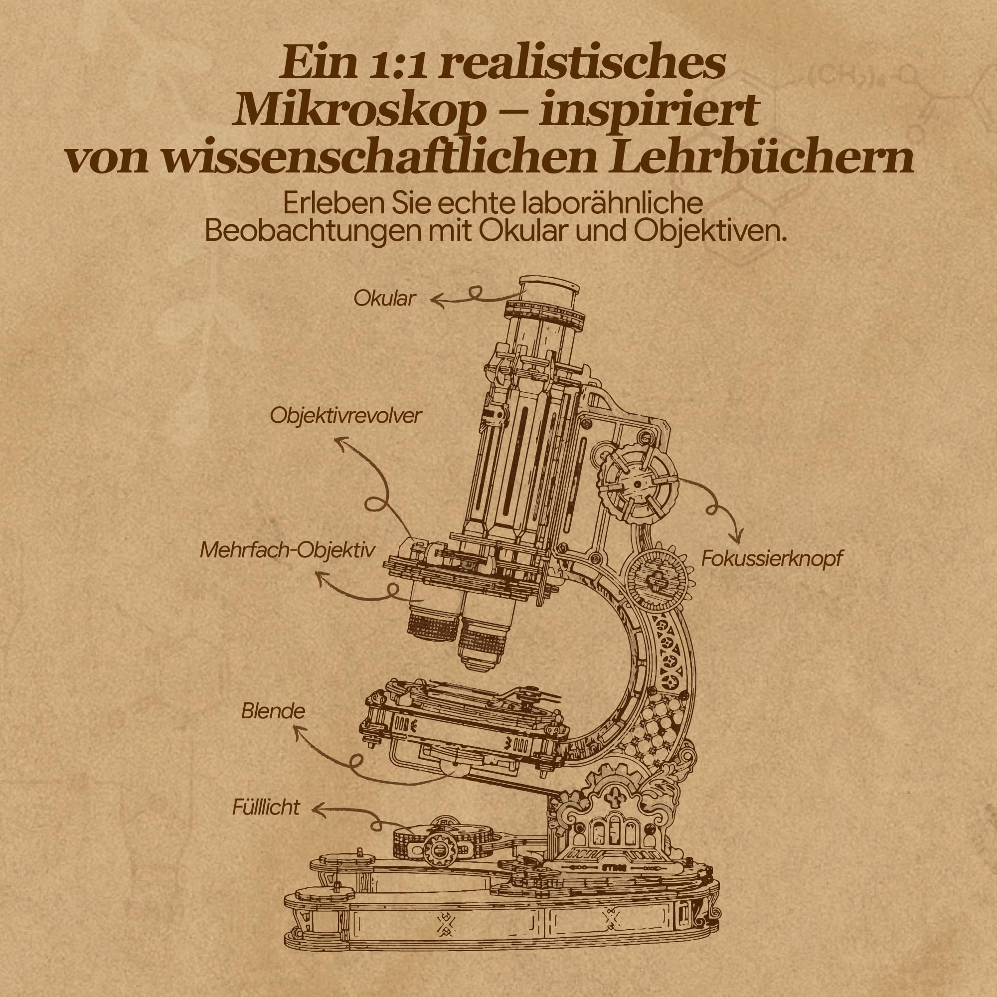 ROKR 400x Funktionsfähiges Mikroskop 3D HolzPuzzle Bausatz，ST005 | STEM Wissenschaftsspielzeug, Geschenk für Erwachsene und Jugendliche
