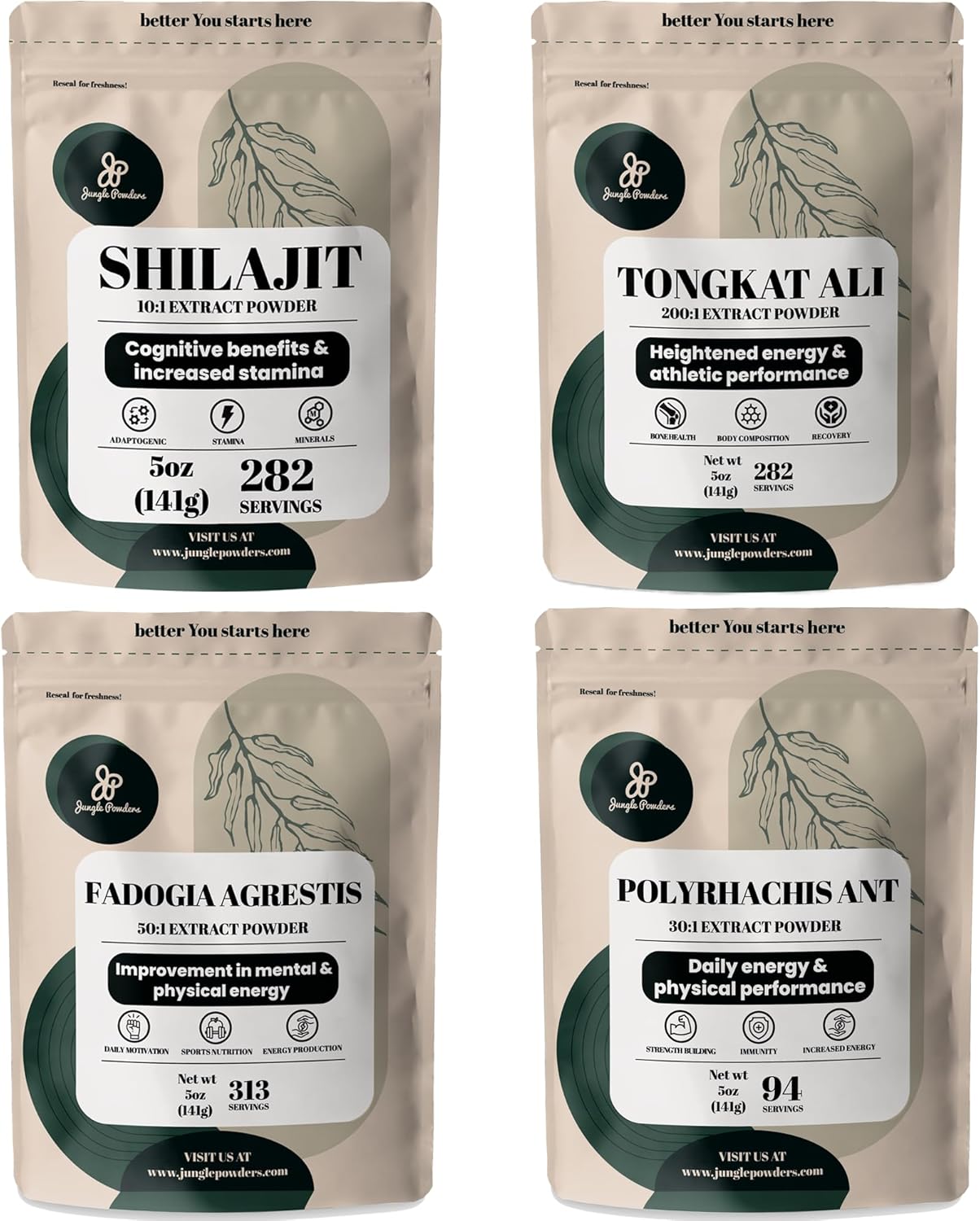 Jungle Powders Herbal Powders Bundle - Shilajit Powder, Tongkat Ali for Men Powder, Black Ant Extract Powder, Fadogia Agrestis Extract for Men Supplement
