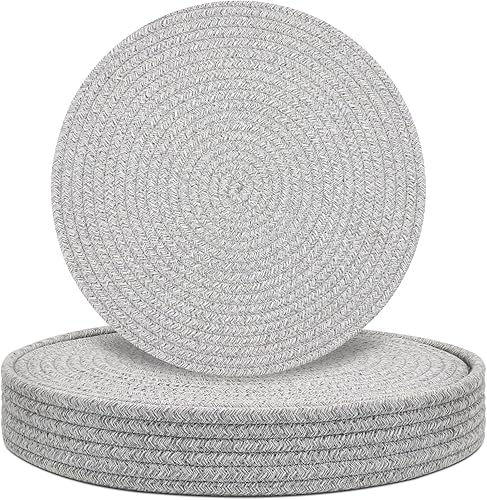 Juego de 6 manteles individuales redondos con soporte, manteles individuales tejidos de cuerda de algodón, almohadillas calientes para cocina,