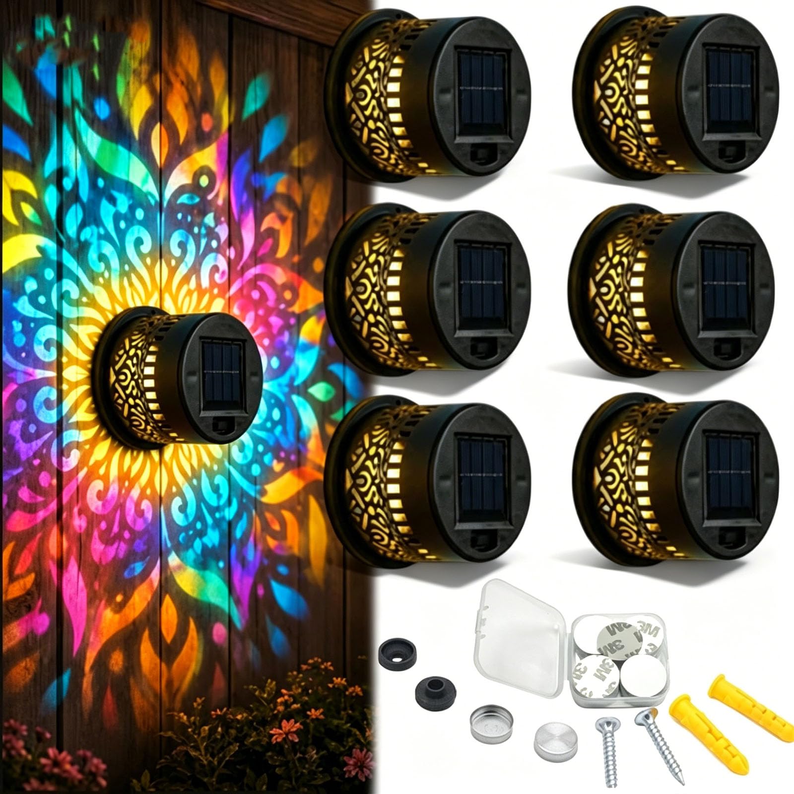rialgirw Solar Mandala Wall Lights, Seven‑Color Changing Outdoor Decorative Projection Lamp, Waterproof Metal Fence Light for Yard Garden Patio Backyard Post (A,6PCS)