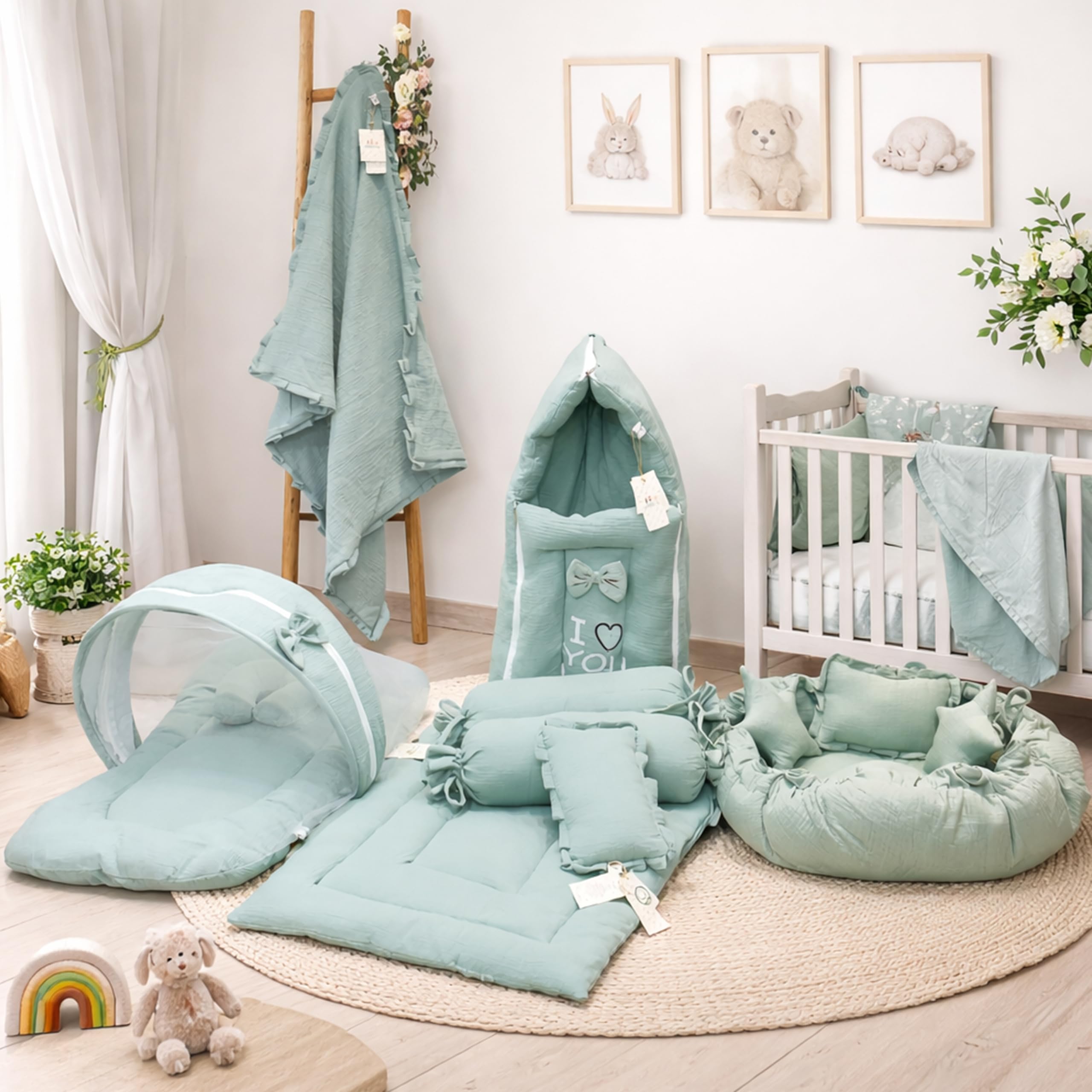 Fareto Newborn Baby Muslin Cotton Bedding Set Combo | Carry Bag | Mattress with Net | Nest | Blanket | Hand Carry Bed & Bolster Set | (0-6 Months) (M Green)-image-29