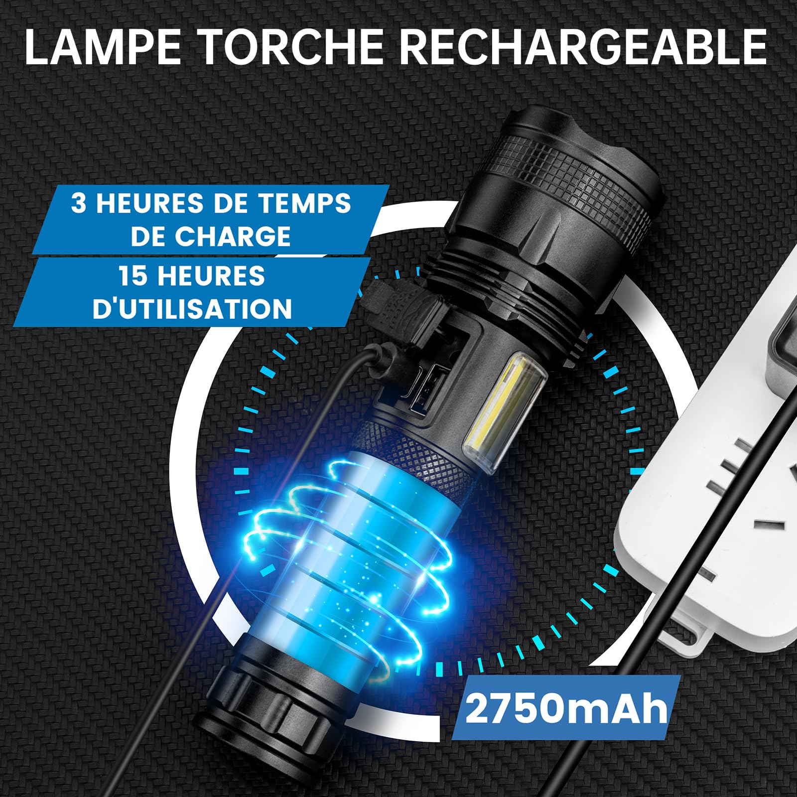 ZEUSFIRE Lampe Torche LED Ultra Puissante, 2 Pièces 100000 Lumens Lampe de Poche LED Rechargeable, 5 Modes D'éclairage & IPX7 étanche Lampe Torche Longue Portée Pour Camping, Randonnée
