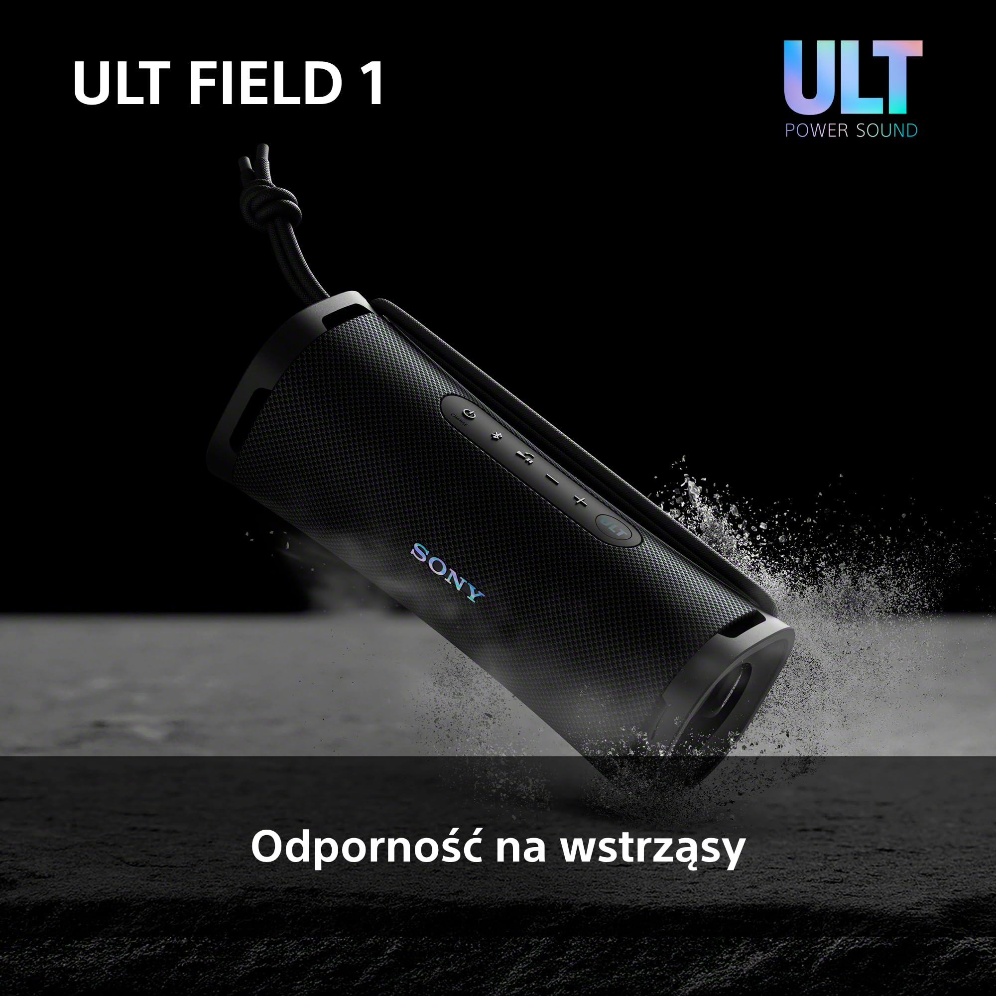 Sony ULT FIELD 1 Bezprzewodowy, Kompaktowy Głośnik Bluetooth z ULT POWER SOUND, Głęboki Bas, IP67, Wodoodporny, Pyłoszczelny, Odporny na Wstrząsy, Bateria do 12 godz., Rozmowy tel., Czarny