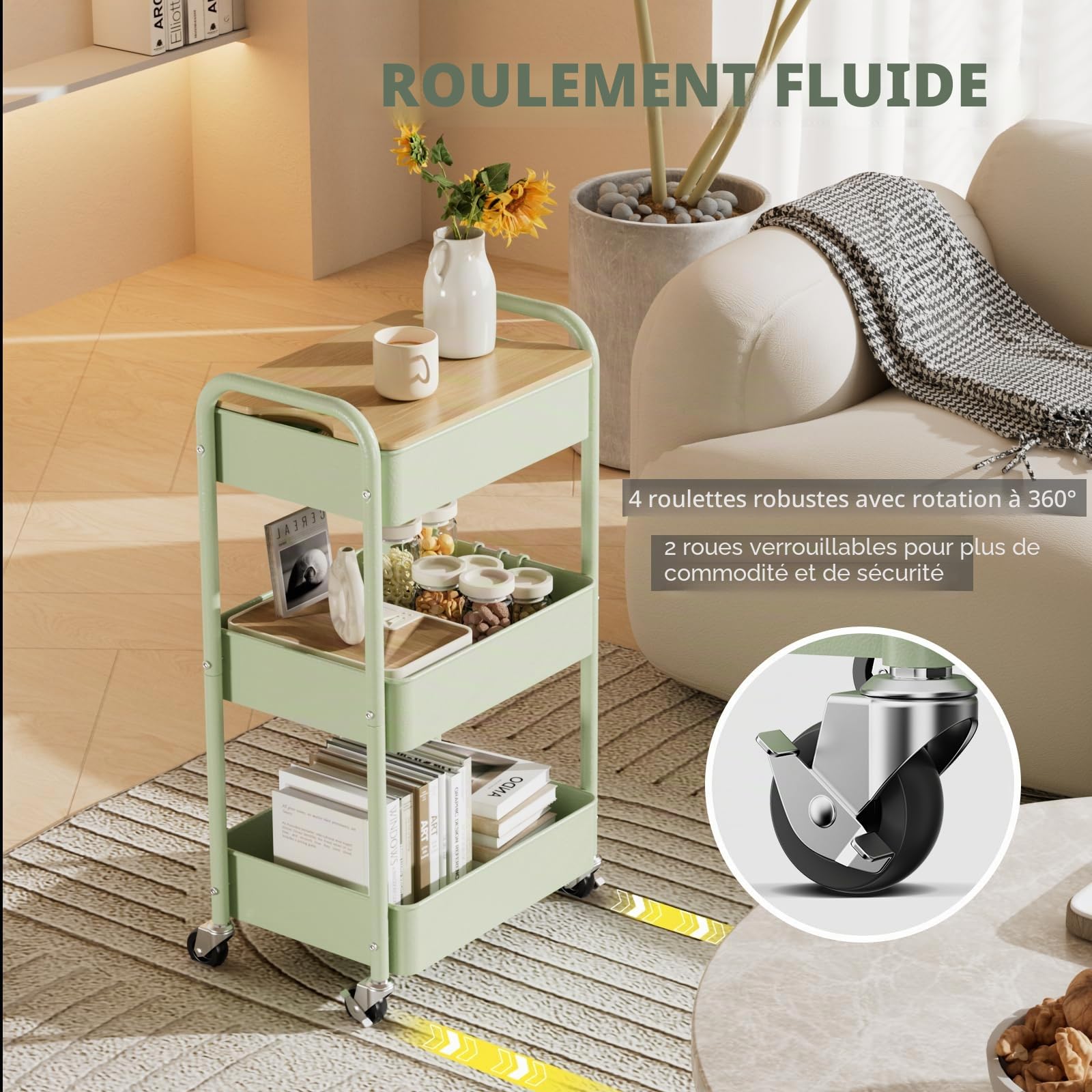 Chariot à 3 Niveaux avec Plateau de Table, Service Polyvalent en Métal, Étagère sur Roues, Organiseur de Cuisine Stable (Vert)