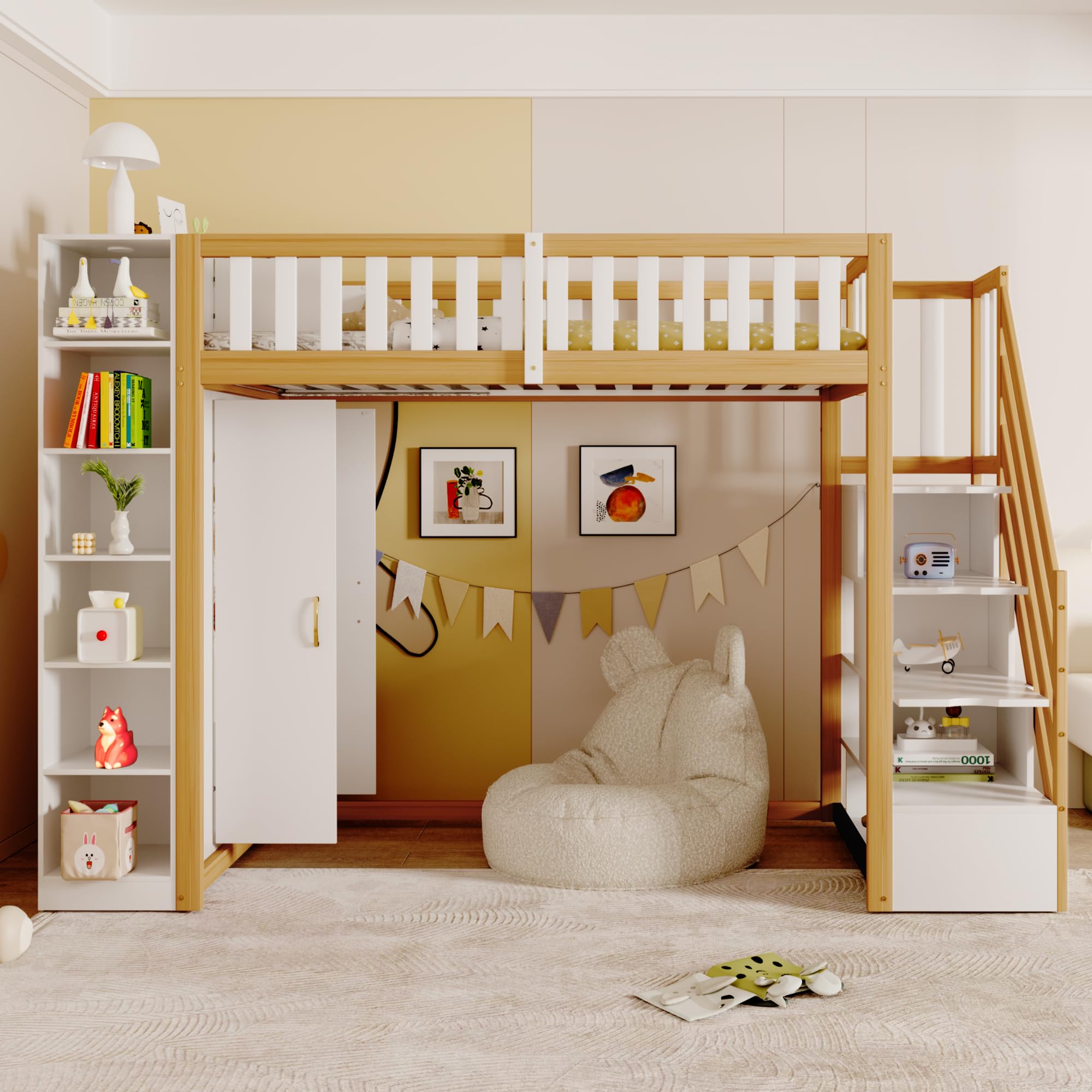 Azkoeesy Letto a soppalco singolo 90x200 cm - scala sicura/spazio di archiviazione/armadio/libreria/scrivania sul letto superiore - legno di pino - per bambini e ragazzi (naturale)