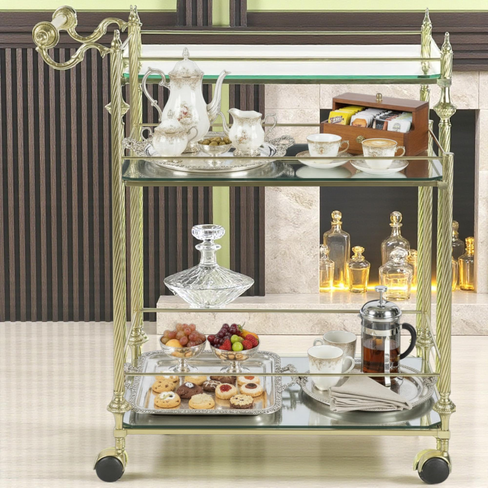 Luxus Servierwagen aus Messing mit Glasplatten – Eleganter Barwagen/Trolley im Vintage-Stil – 2 Ebenen – 83x83x84 cm Ausstellungstück Italienischer Kunstwerk