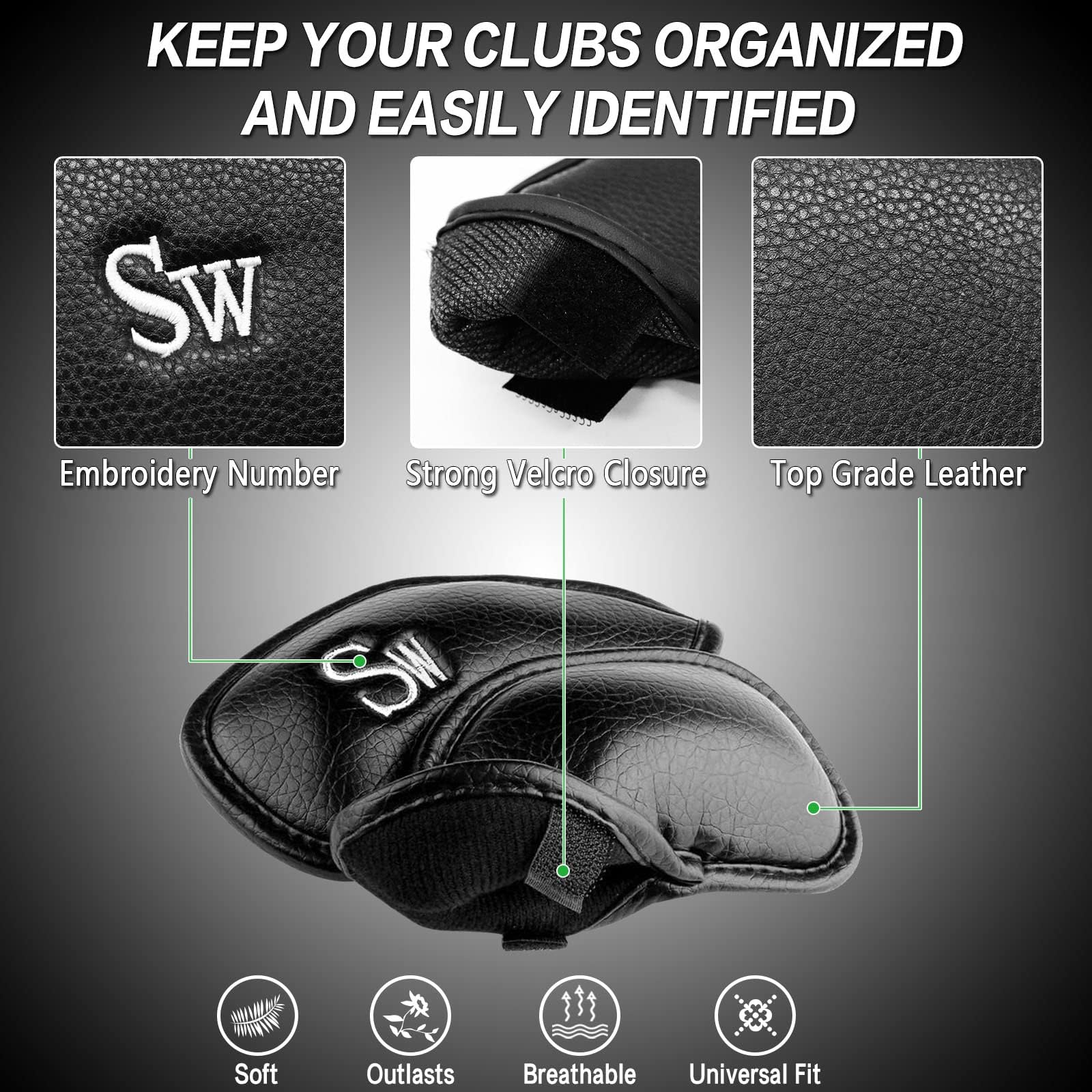 FINGER TEN Golf Headcover żelazne osłony na głowie ze sztucznej skóry, Iron Head Covers Value Set of 12 czerwonych, niebieskich czarnych dla mężczyzn i kobiet (czarne)