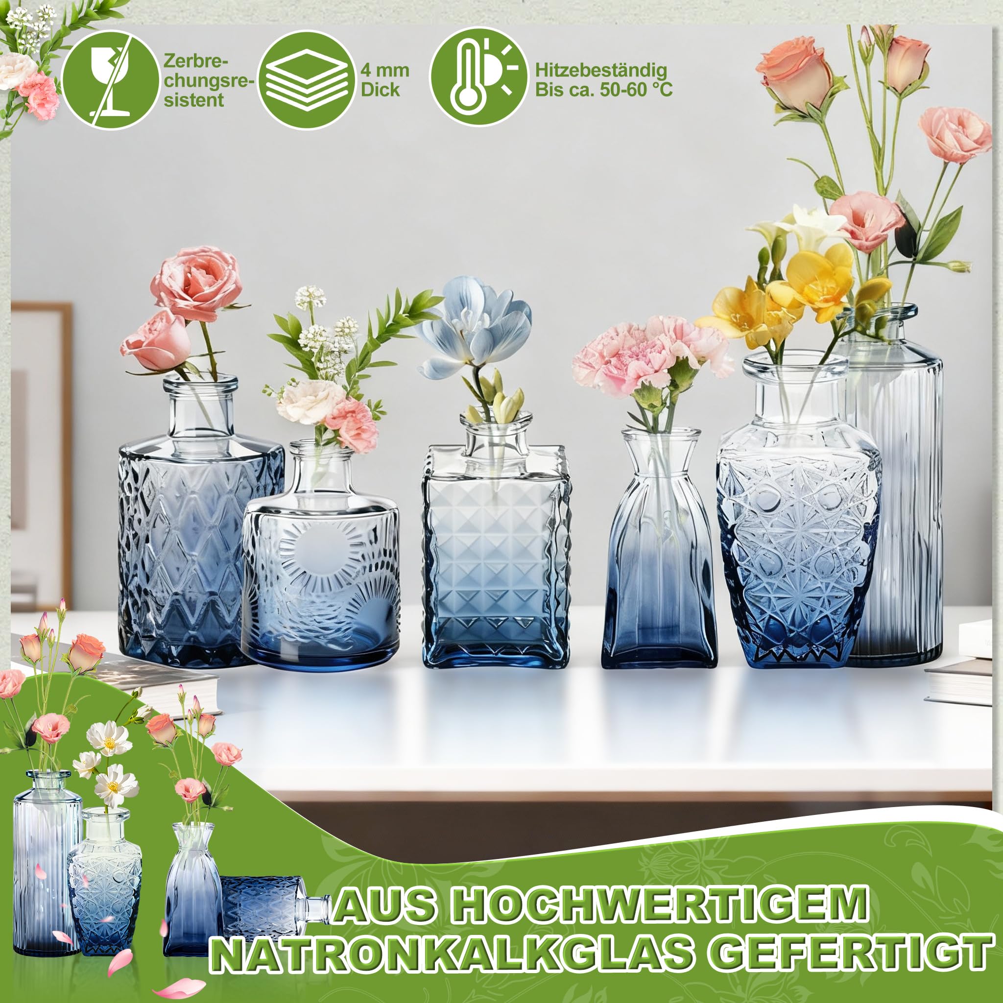 YRHome 32 Stück Kleine Vasen für Tischdeko, Glas-Budenvasen-Set Mini, kleine Glasvase, Vintage-Blumenvasen & Knospenvasen für Hochzeiten, Partys, Feierlichkeiten Verlauf Blau