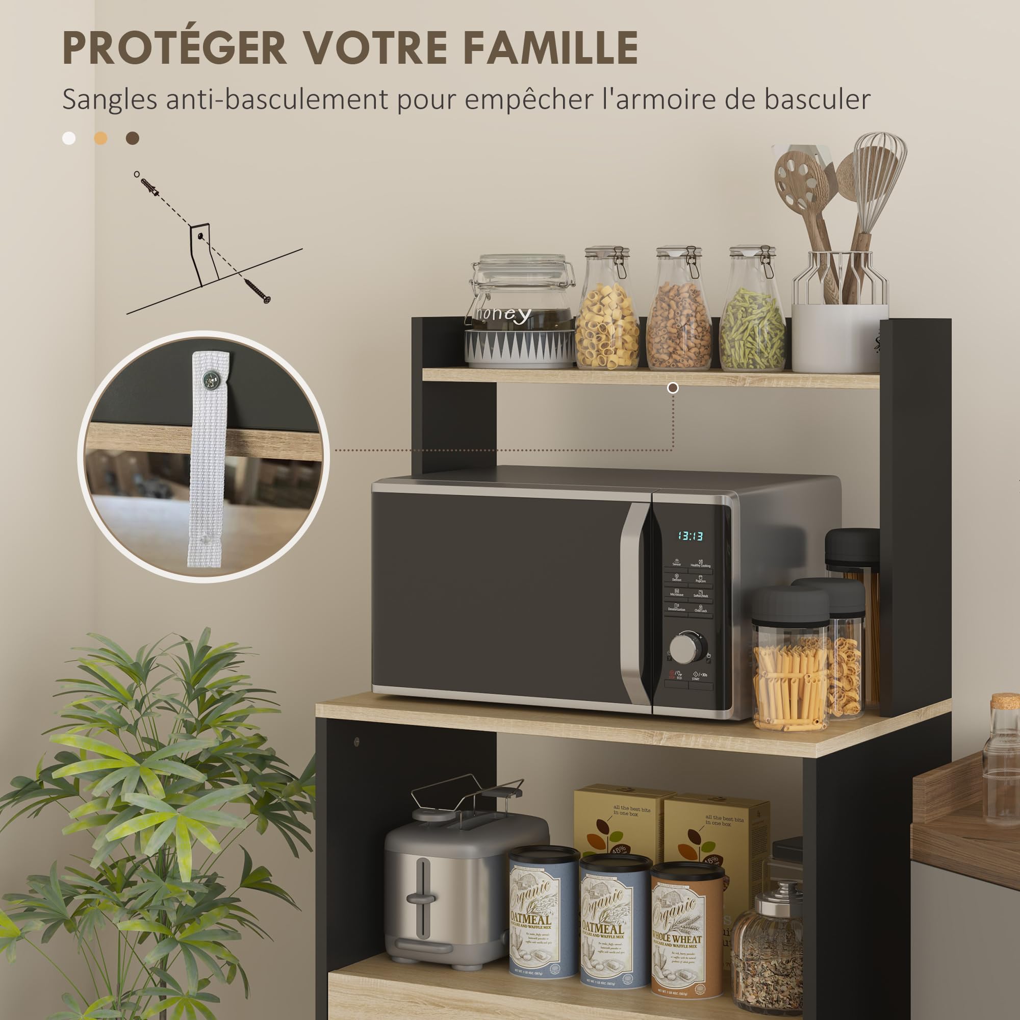 HOMCOM Meuble Micro Onde Buffet Cuisine 60 x 40 x 131 cm Chêne Noir | avec Placard, Tiroir, Étagère Supérieur, Meuble Micro Ondes Cuisine Rangement, pour Salle à Manger, Salon